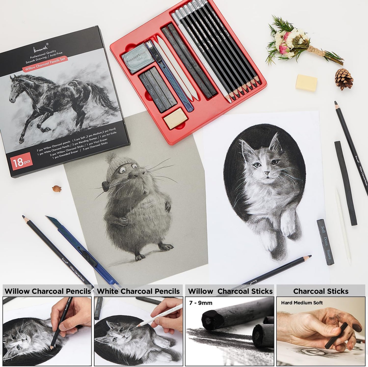 Charcoal Pencils for Drawing, 18 Pcs Art Pencil Kit, Professional Sketching Pencil, Art Supplies for Drawing, Shading, Sketching, Blending, Artist Pencils for Beginners & Artists