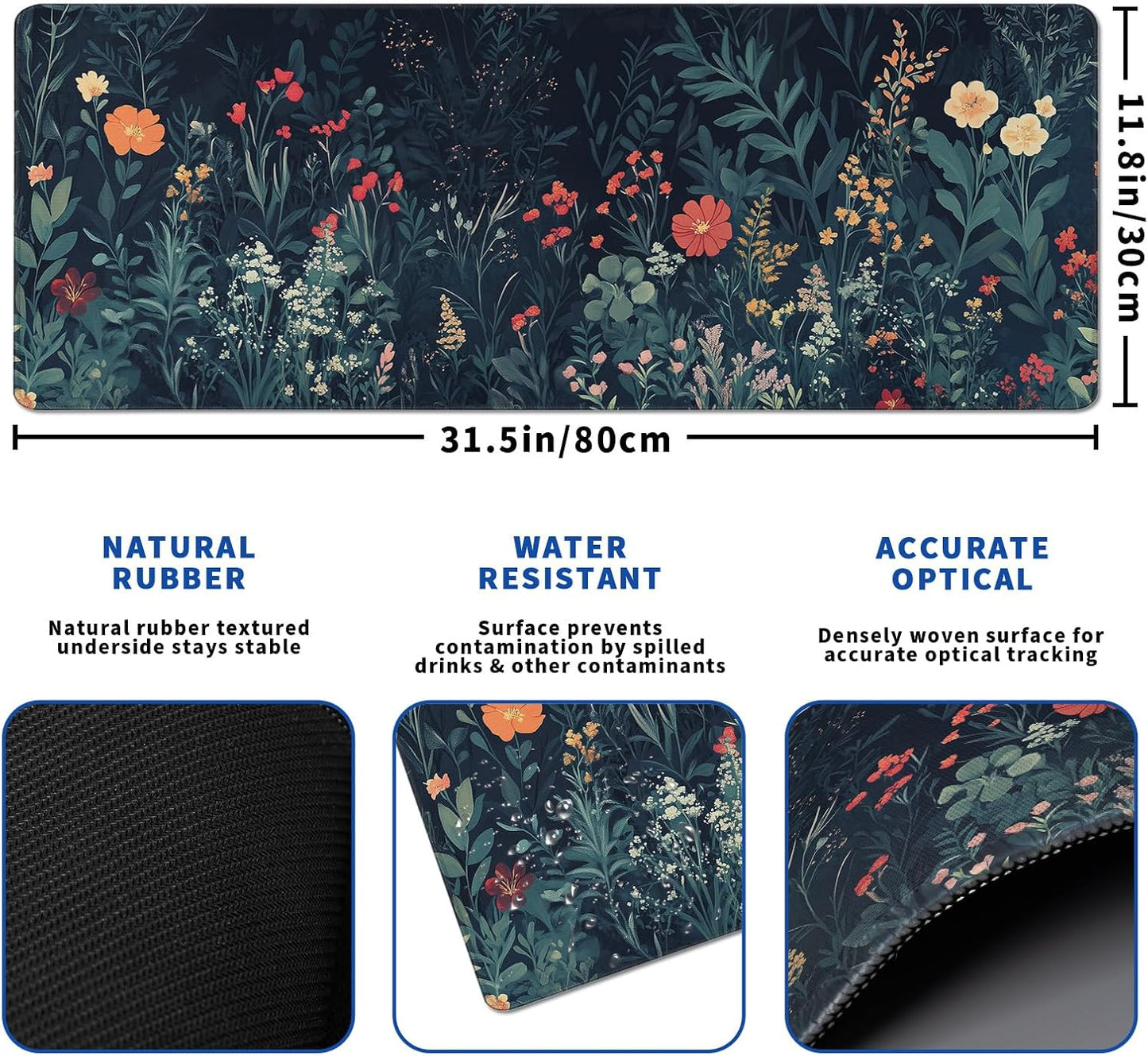 Flower Mouse Pad Abstract Big Mouse Pad 31.5x11.8 Inch Floral Texture Non-Slip Rubber Base Large Weeds Mousepad Stitched Edges Keyboard Mouse Mat Desk Pad for Office and Home