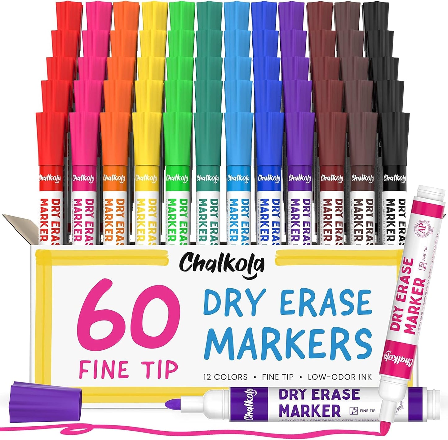 Chalkola Dry Erase Markers Fine Tip Bulk Pack of 60, Thin Point White Board Pens Dry Erase Pens - Non toxic, Low odor Whiteboard Markers for Kids, Teachers, Home, Office & Back to School Supplies