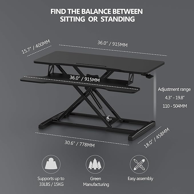 FITUEYES Height Adjustable Standing Desk 36” Wide Sit to Stand Converter Stand Up Desk Tabletop Workstation for Dual Monitor Riser FSD309101WB