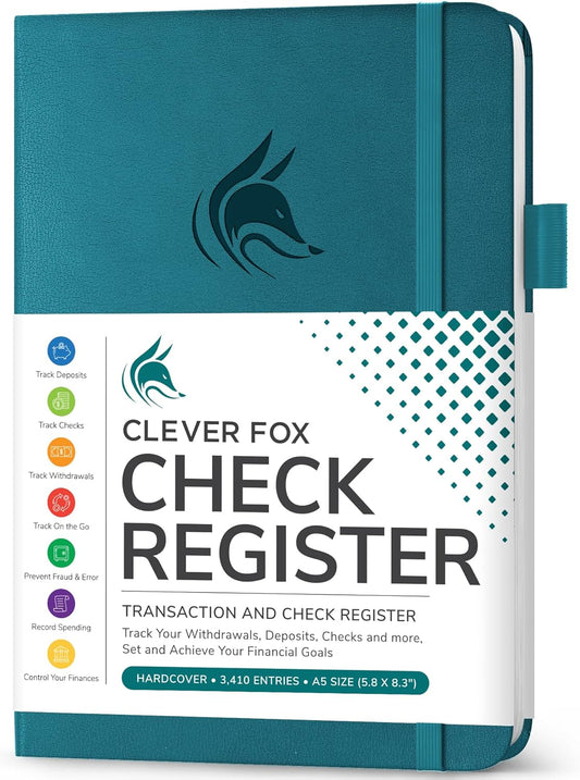 Clever Fox Check Register Book - Deluxe Transaction Register, Accounting Ledger Book, Checkbook Register & Checking Account Register Book for Personal and Work Use, A5 Hardcover - Dark Teal
