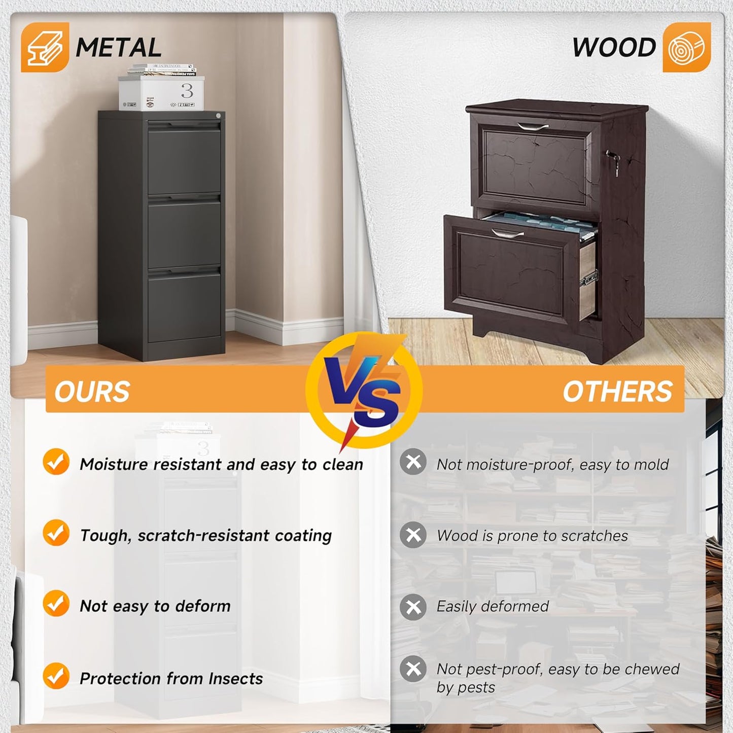 17.8" D File Cabinet, 3 Drawer Metal Filing Cabinets with Lock, Locking Vertical File Cabinet for Letter/Legal/A4/F4 Size, Easy Assemble (Black)