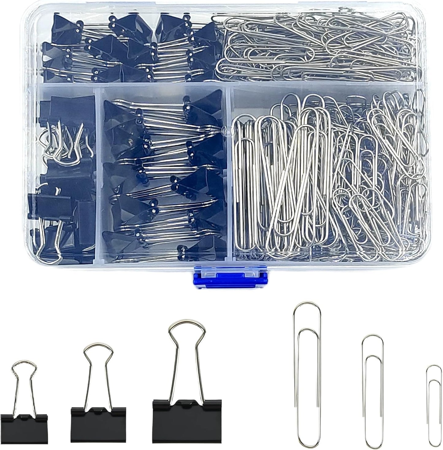 Binder and Paper Clips Set, 340 pcs Assorted Sizes in Container With Compartments - Silver Paper and Black Binder Clips for Home, School, Office Supplies