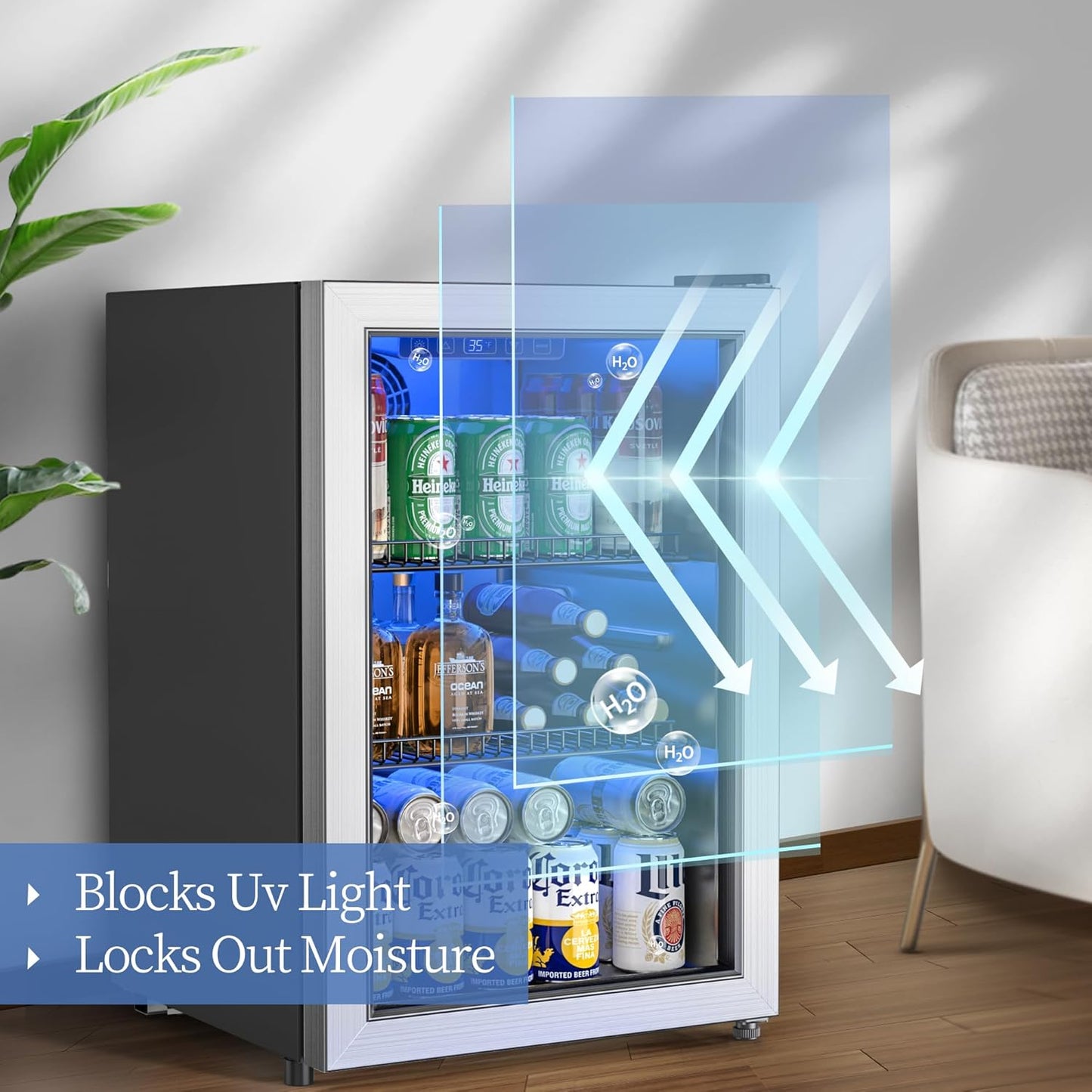 Beverage Refrigerator and Cooler, Freestanding Drink Dispenser for Soda Beer or Wine,90 Can Mini Fridge with Glass Door,Digital Temperature Control,Home, Bar, Office (Silver, 2.48 Cu.Ft)