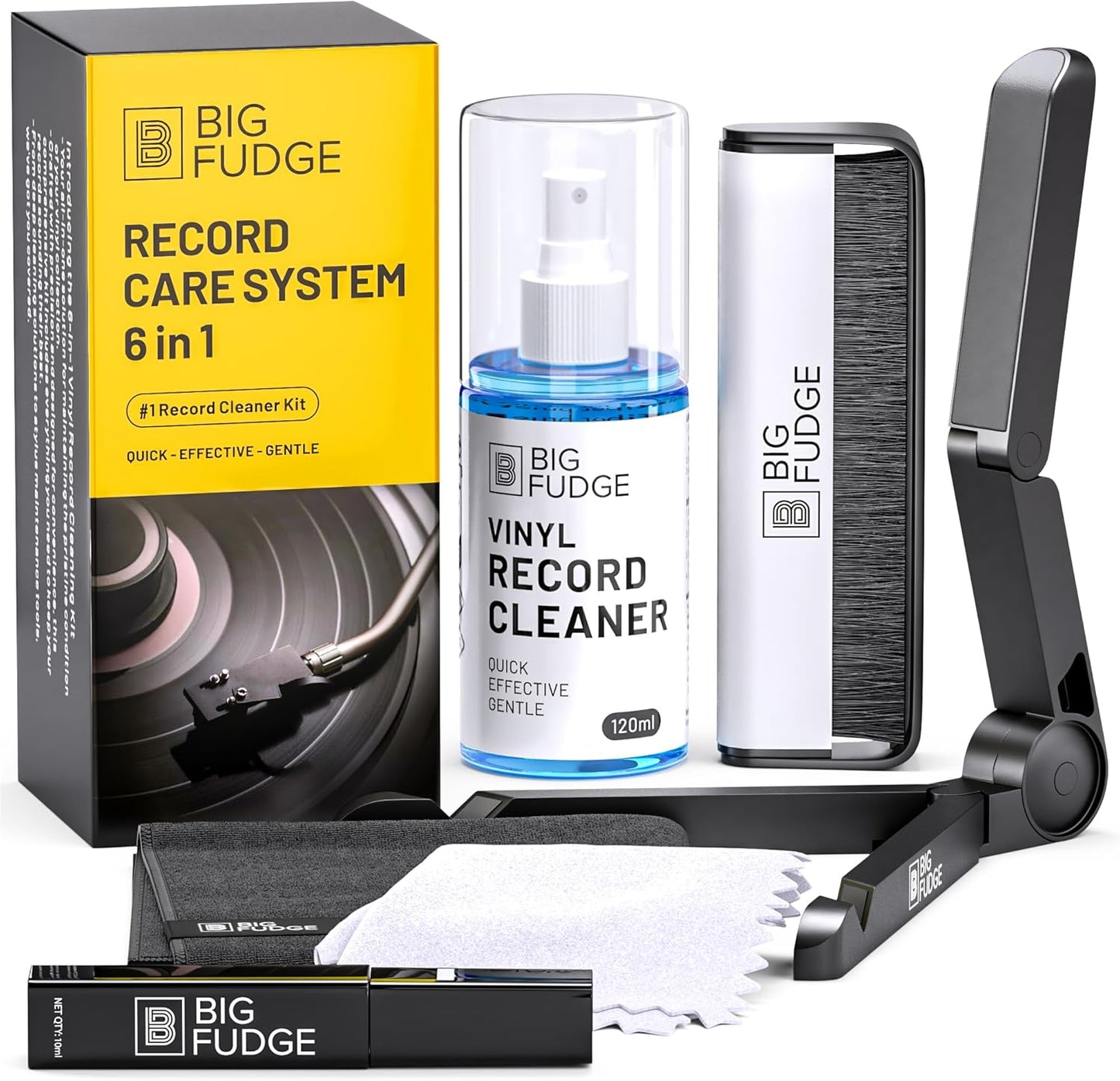 BIG FUDGE Professional Series Vinyl Record Cleaner Kit - Vinyl Record Cleaning Kit Includes Vinyl Record Brush Cleaning Fluid, Stylus Gel, Brush for Velvet, Padded Storage Case