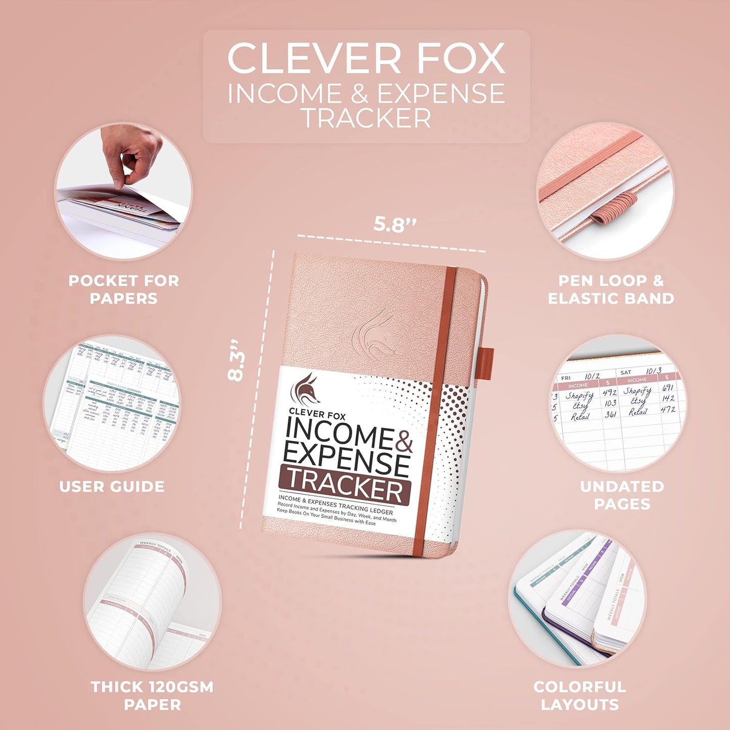 Clever Fox Income & Expense Tracker – Accounting & Bookkeeping Ledger Book for Small Business – 1-Year Record Notebook, A5 (Rose Gold)