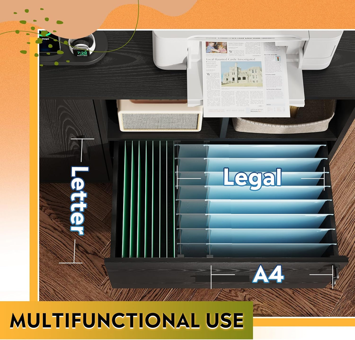 DEVAISE File Cabinet with Charging Station, 1-Drawer Lateral File Cabinets with Lock for Home Office, Wooden Rolling Printer Stand with Shelves, Black