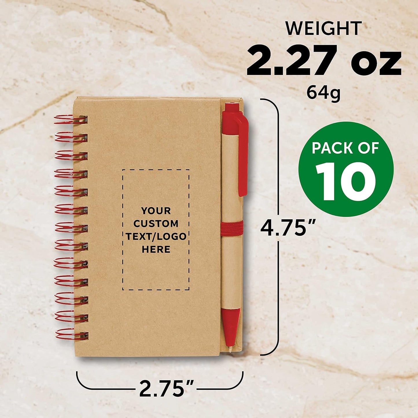 Custom Mini Spiral Notebooks with Black Ink Pens Set of 10, Personalized Bulk Pack - Perfect for School, Office, Business, Home - Red