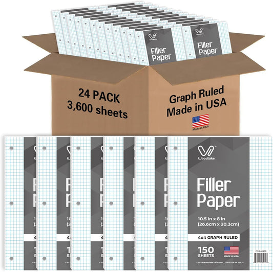 Woodlake Loose Leaf Graph Paper, 4x4 Quad Ruled Notebook Paper, 8 x 10.5” Graphing Paper, 150 Sheets per Pack, 24 Pack Filler Paper, 3 Hole Punched, Made in USA