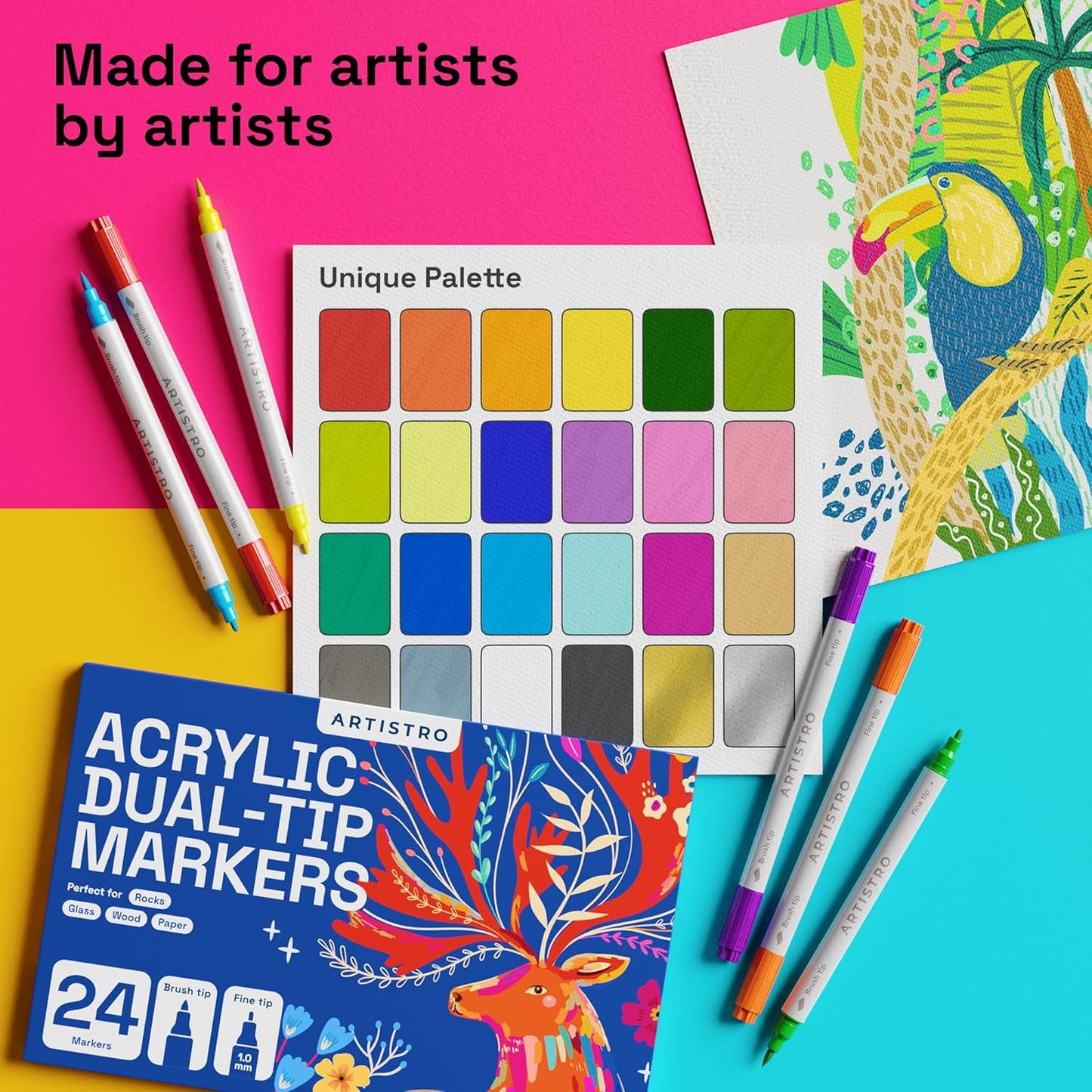 ARTISTRO 12 Dual Tip Fabric Markers - Acrylic Drawing Markers for All Ages & Levels - Fabric Paint Pens for Personalizing Clothes, T Shirts, Bags, Canvas, Textiles (Brush + Fine)