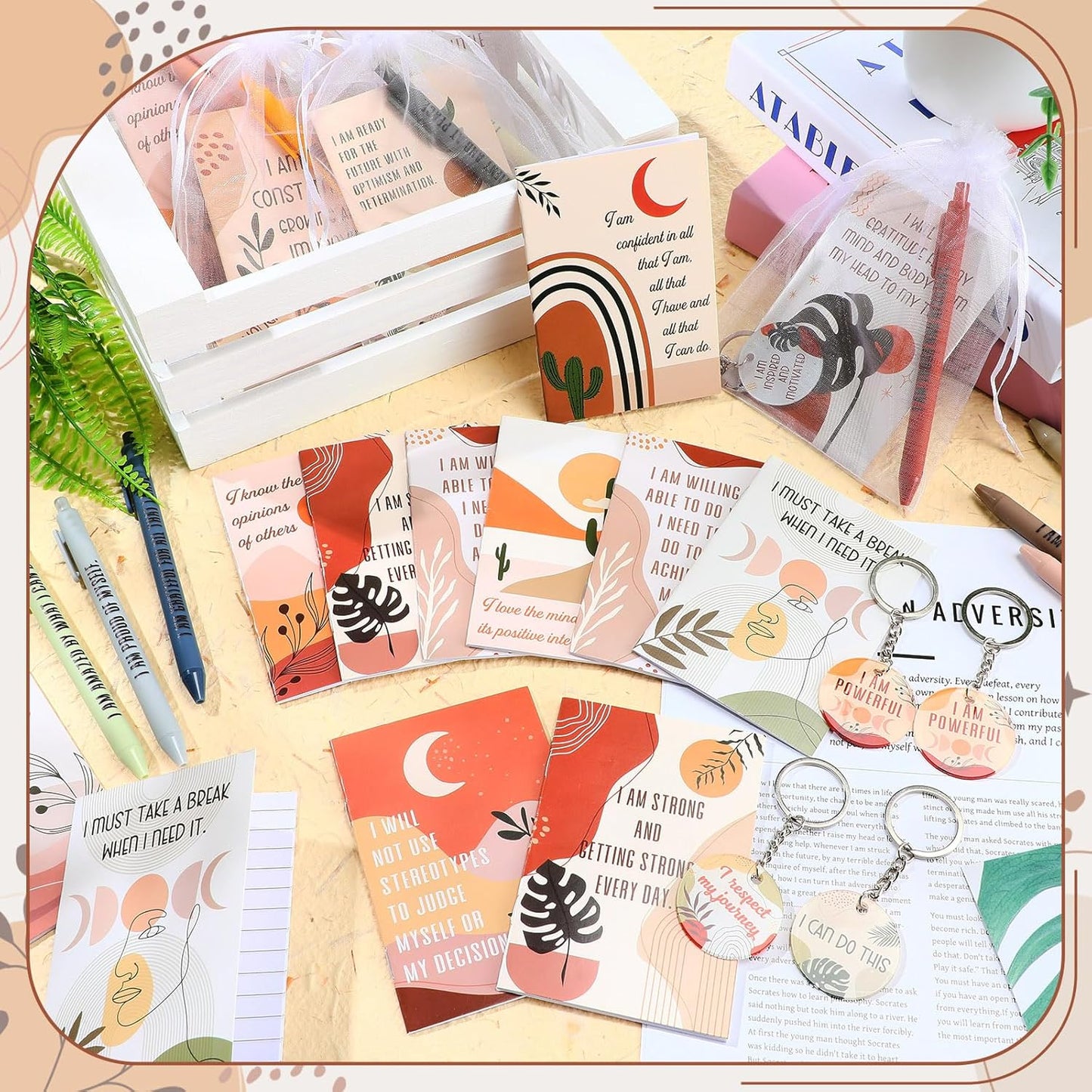 72 Pcs/24 Set Positive Affirmation Gift Set Gratitude Notebooks with Affirmation Pens Acrylic Keychains Small Bags Motivational Notepads for Women Coworkers Adults Party Favors(Boho)