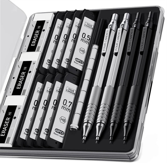 Four Candies 4PCS Metal Mechanical Pencils Set with Case, 0.5mm & 0.7 mm Artist Pencil with 8 Tubes (480PCS) HB Lead Refills, 3 Erasers,9 Eraser Refills For Writing Drafting, Drawing, Black&Silver