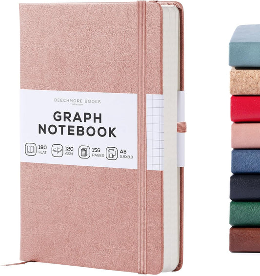 BEECHMORE BOOKS Graph Paper Notebook - Regular, Pink | Premium Square Grid Math & Science Journal | 5.75" x 8.25" Hardcover Vegan Leather | Thick 120gsm Cream Graph Paper | Gift Box for Men & Women