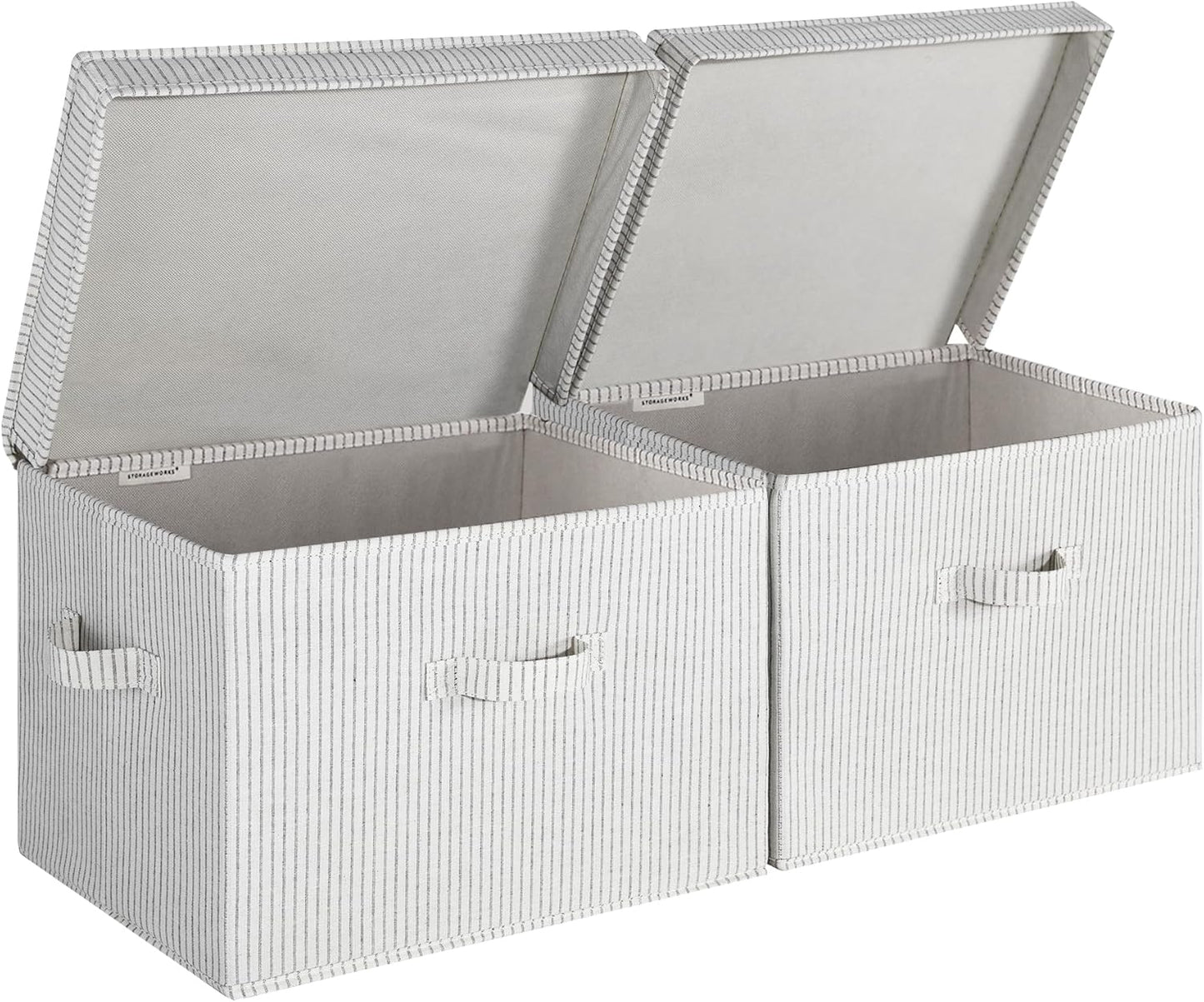 StorageWorks Fabric Storage Bins with Lid, Decorative Storage Boxes for Shelves, Stackable Closet Organizer Basket with Handles, Jumbo, Gray and White Stripes, 2-Pack