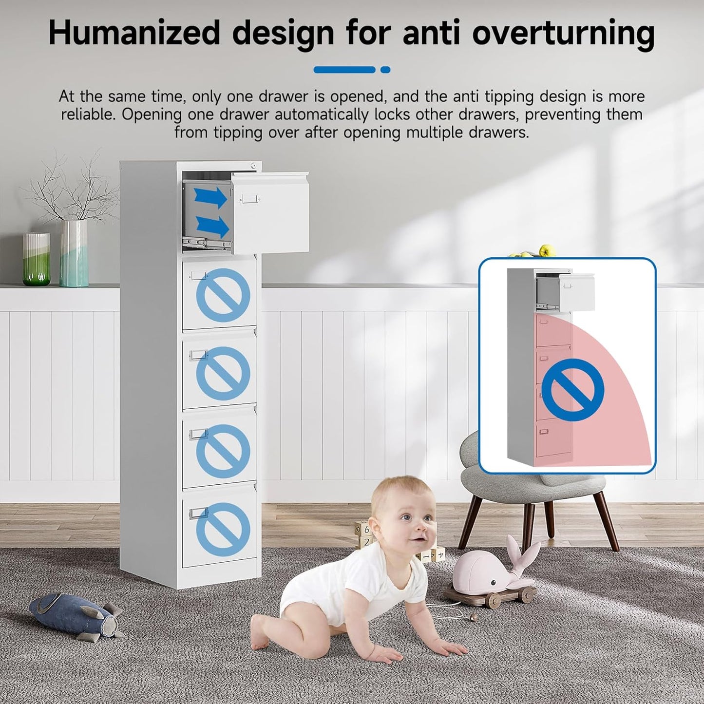 5 Drawer File Cabinet with Lock Metal Vertical File Cabinet Office Home Vertical File Cabinet for A4 Legal/Letter Size Narrow File Cabinet Locked,Assembly Required (White, 5 Drawers-Vertical)