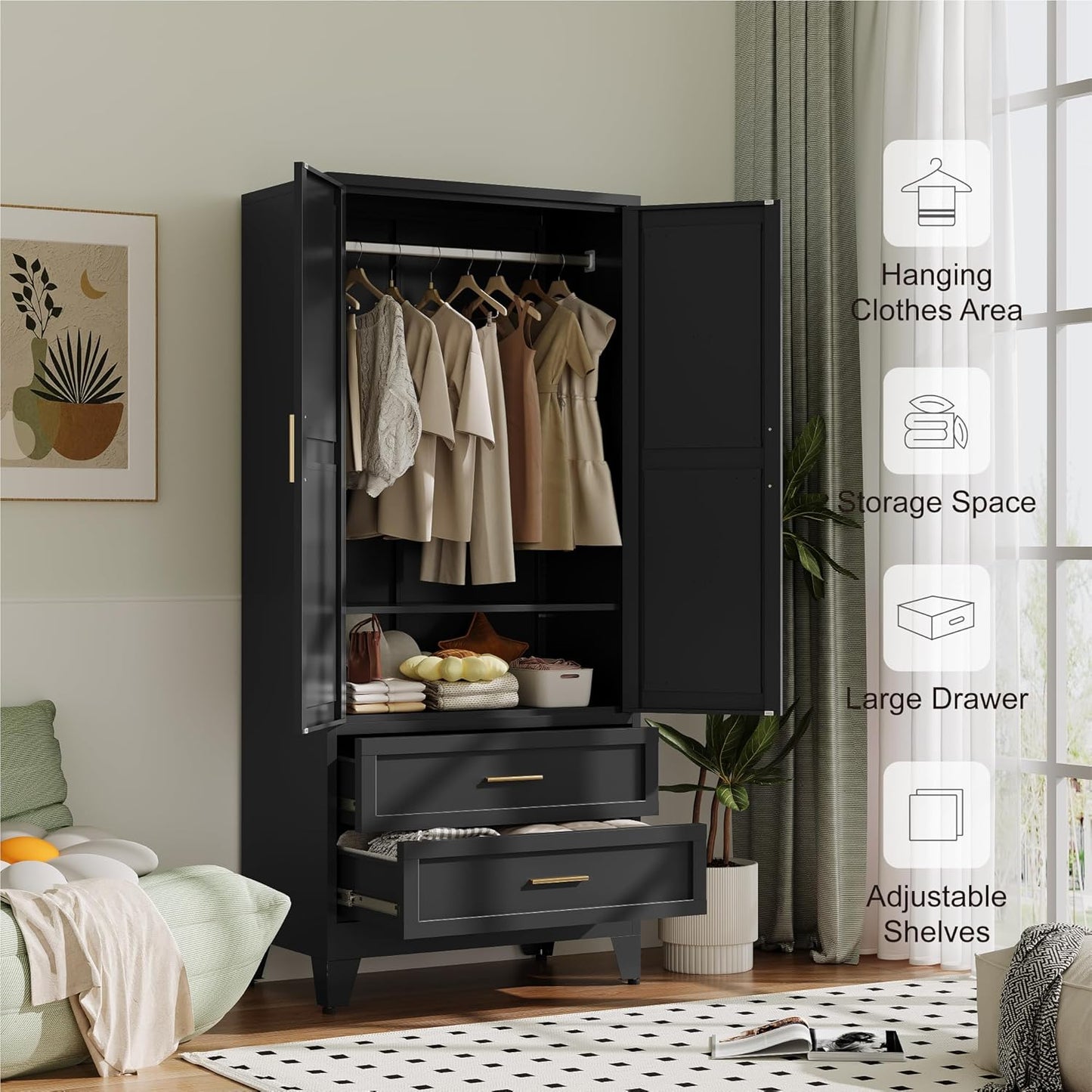 Metal Wardrobe Cabinet with Hanging Rod,71" Armoire Wardrobe Closet with Adjustable Shelves,Farmhouse Metal Clothing Storage Cabinets for Bedroom,Office,Employee,Laundry Room(Black)