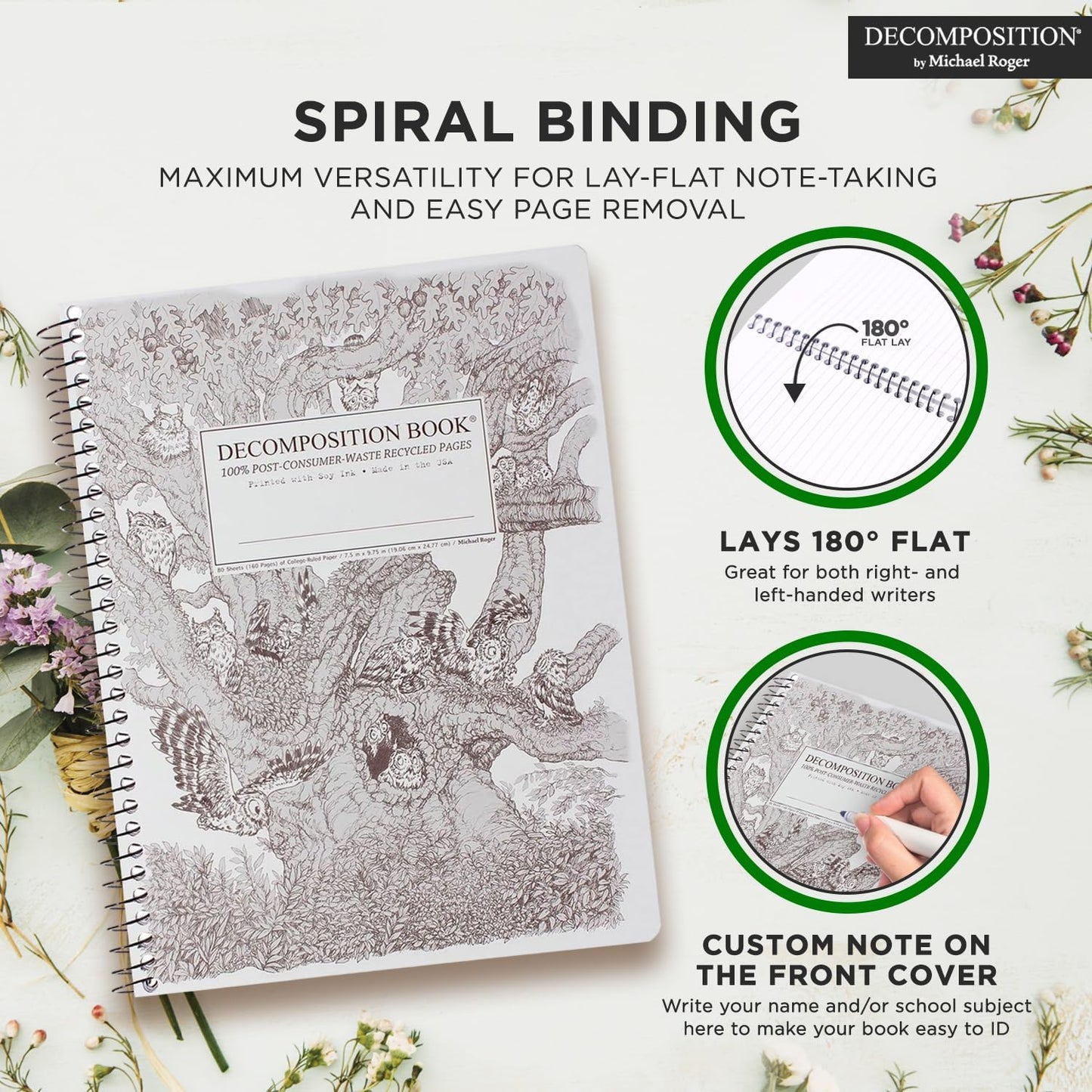 Decomposition Screech Owls College Ruled Spiral Notebook - 9.75 x 7.5 Journal with 160 Lined Pages - 100% Recycled Paper - Cute Notebooks for School Supplies, Home & Office - Made in USA