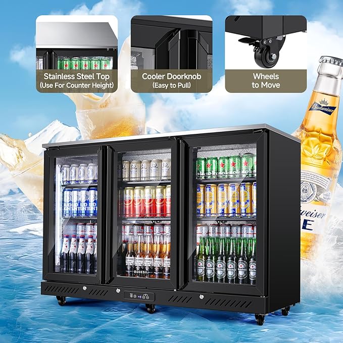 BODEGACOOLER Back Bar Cooler With 3 Glass Doors,Counter Height Beverage Refrigerator,12 Cu.Ft Commercial Display Bar Fridge with LED Lighting,21 inch Beverage Cooler for Beer,Soda Drinks,Wine