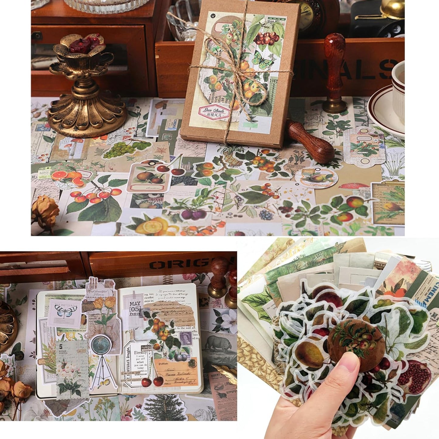 200PCS Vintage Scrapbooking Supplies Pack, Aesthetic Scrapbook Sticker Paper Art Journaling Kit for Bullet Junk Journals,Planner,Cottagecore Decor Gifts (Fruits)