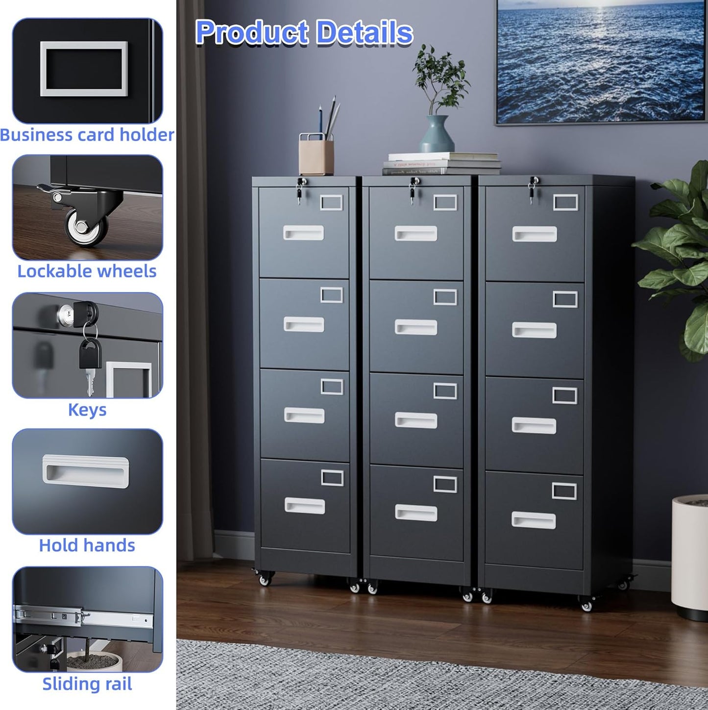 METAN 4 Drawer Vertical File Cabinet on Wheels, Lockable Office Files Storage Cabinet with Handle and Name Card,Mobile Storage Cabinet for Office and Home,Assembly Required,Black