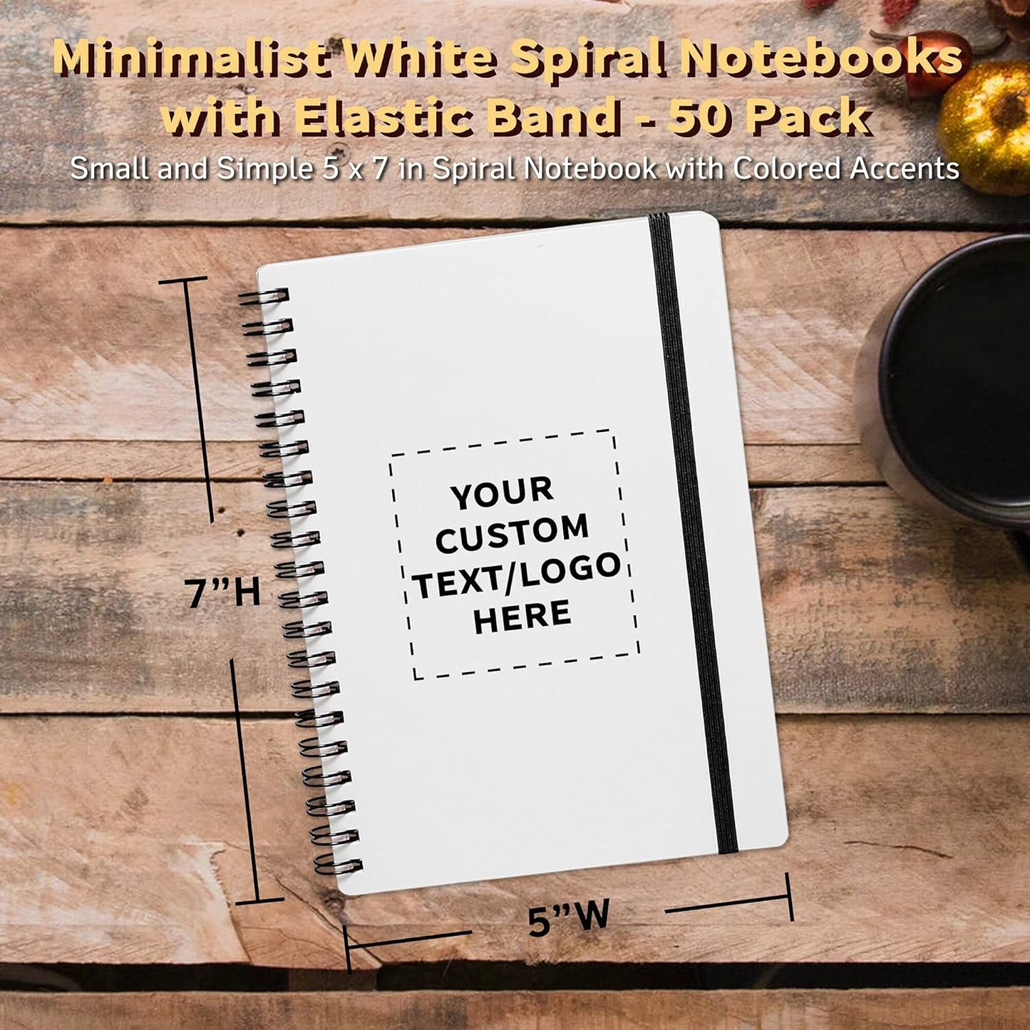 50 White Spiral Notebooks with Elastic Band Pack - Customizable Text, Logo - 80 lined pages, Recycled - Black