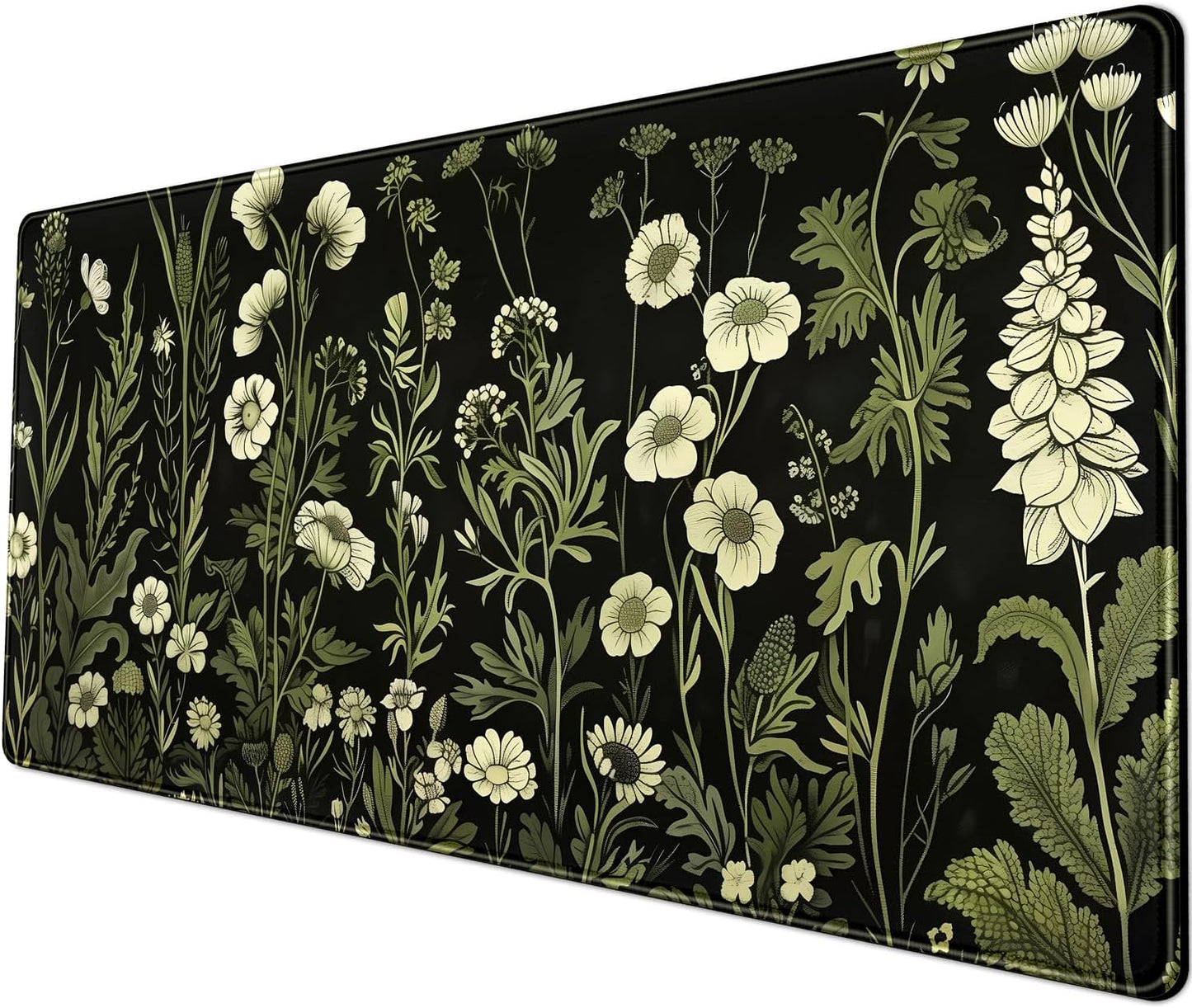 Floral Green Plant Mouse Pad Aesthetic Vintage Desk Pad Black Extended Mouse Pad Large Desk Mat for Desktop Keyboard Pad and Office Home Work Mouse Pad XXL Laptop Computer Mat 31.5 X 11.8 in