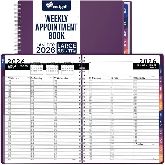 Ensight 2026 Appointment Book & Planner Ensight 8.5 x 11 inches Large Tabbed Daily Hourly Weekly Planner Schedule Book 15 Minute time Slots Business & Personal Planner Jan 2026 Dec 2026 Purple