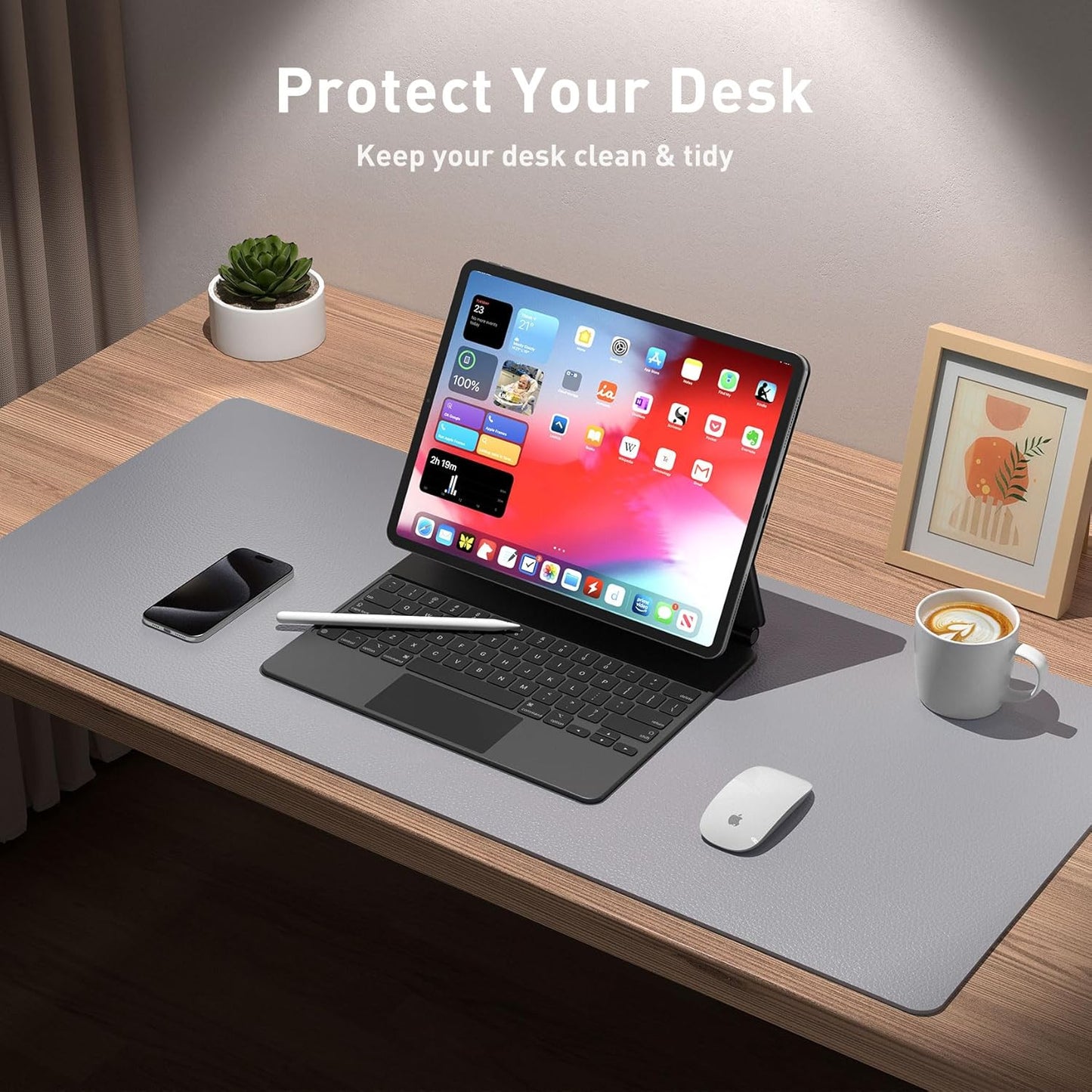 Aothia Leather Desk Pad Protector, Mouse Pad, Office Desk Mat, Non-Slip PU Leather Desk Blotter, Laptop Desk Pad, Waterproof Desk Writing Pad for Office and Home (23.6" x 13.7", Light Grey)