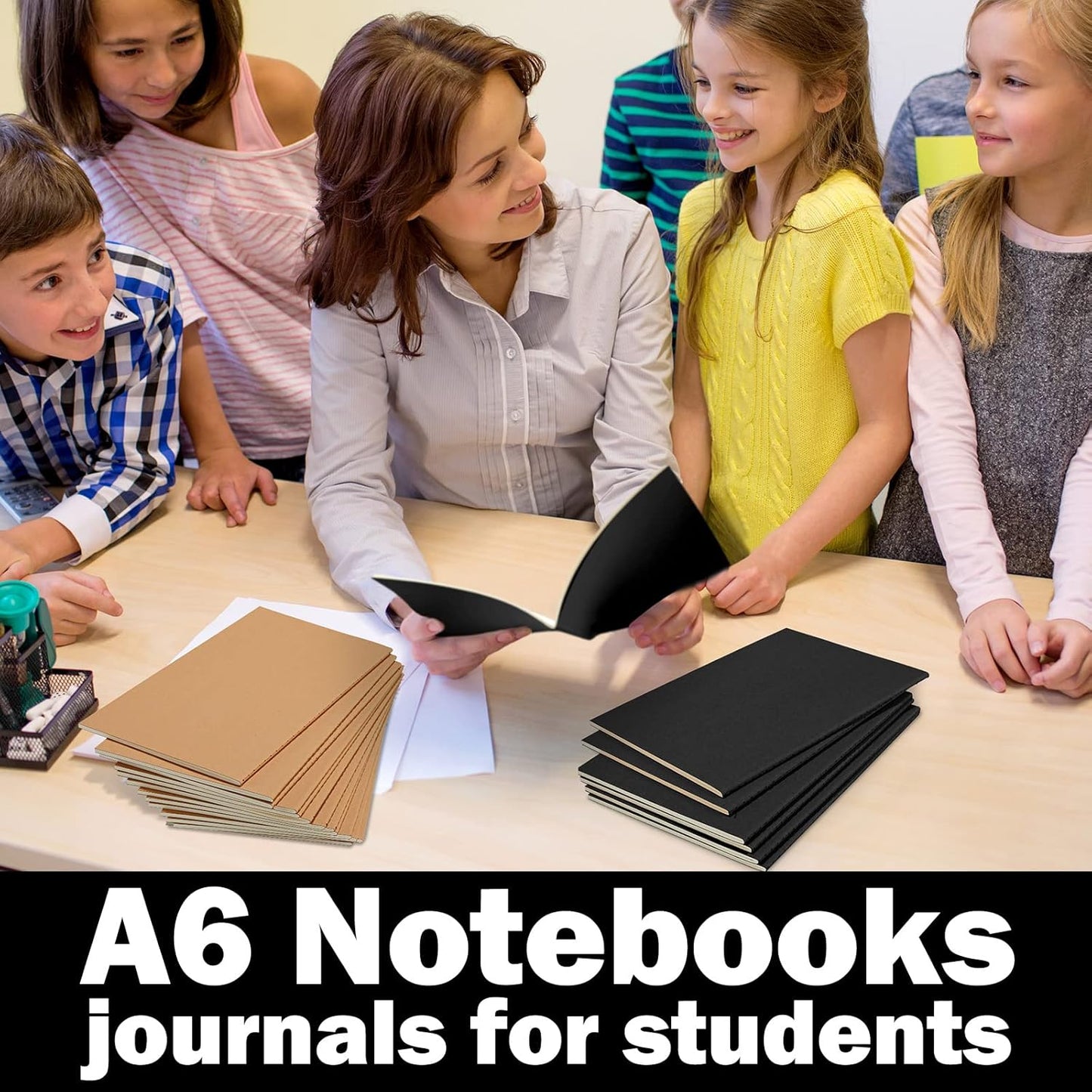 150 Pack Kraft Notebook Journals 5.82 Inch x 4.13 Inch A6 Journal Softcover Notebooks Bulk for Kids Student Writing Sketch Travel Journal Office Notepad with 48 Pages 24 Sheets, Lined (Black, Brown)