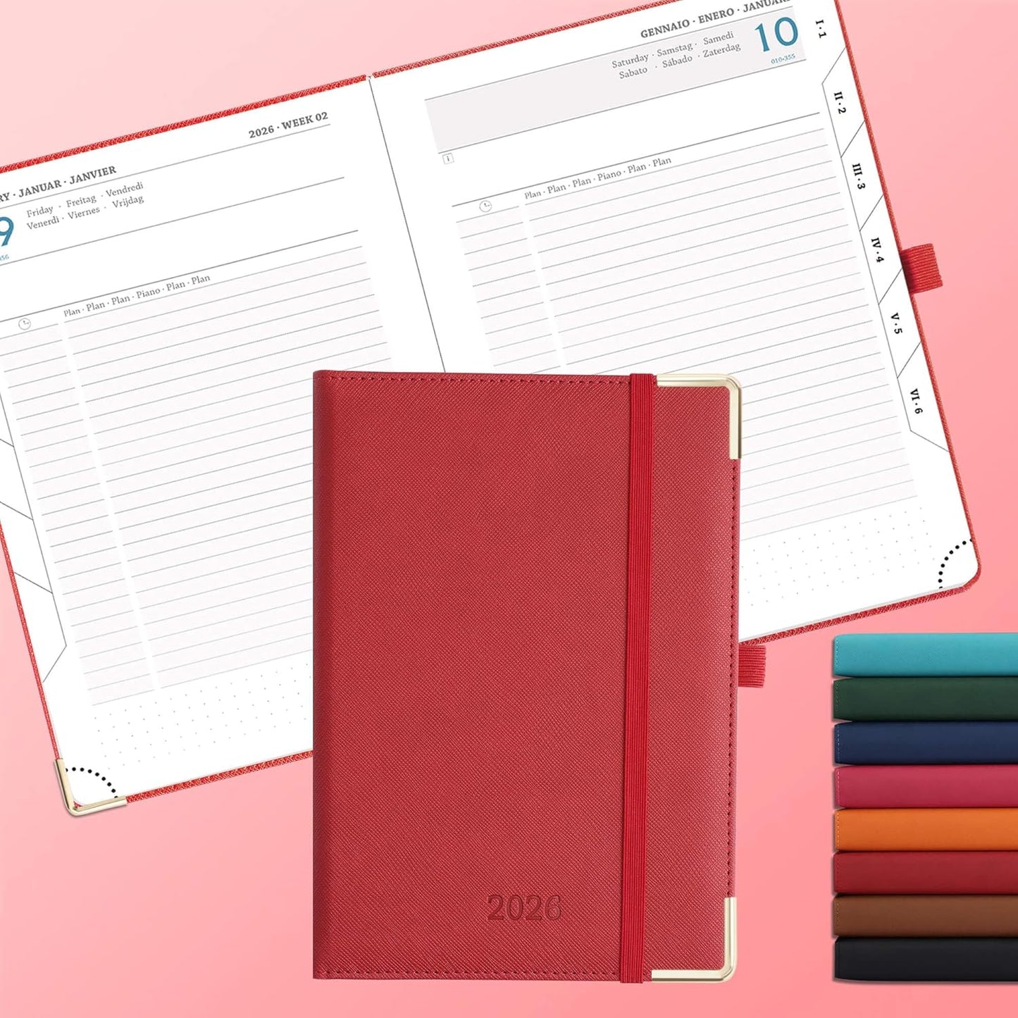 Daily Planner 2026 with One Page Per Day,(A5-8.5" x 5.9"),12 Months Calendar Hourly Appointment Book Monthly Tabs & Self-adhesive Pen Holder,Inner Pocket, Vegan Leather Hardback,Red
