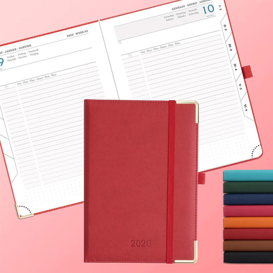 Daily Planner 2026 with One Page Per Day,(A5-8.5" x 5.9"),12 Months Calendar Hourly Appointment Book Monthly Tabs & Self-adhesive Pen Holder,Inner Pocket, Vegan Leather Hardback,Red