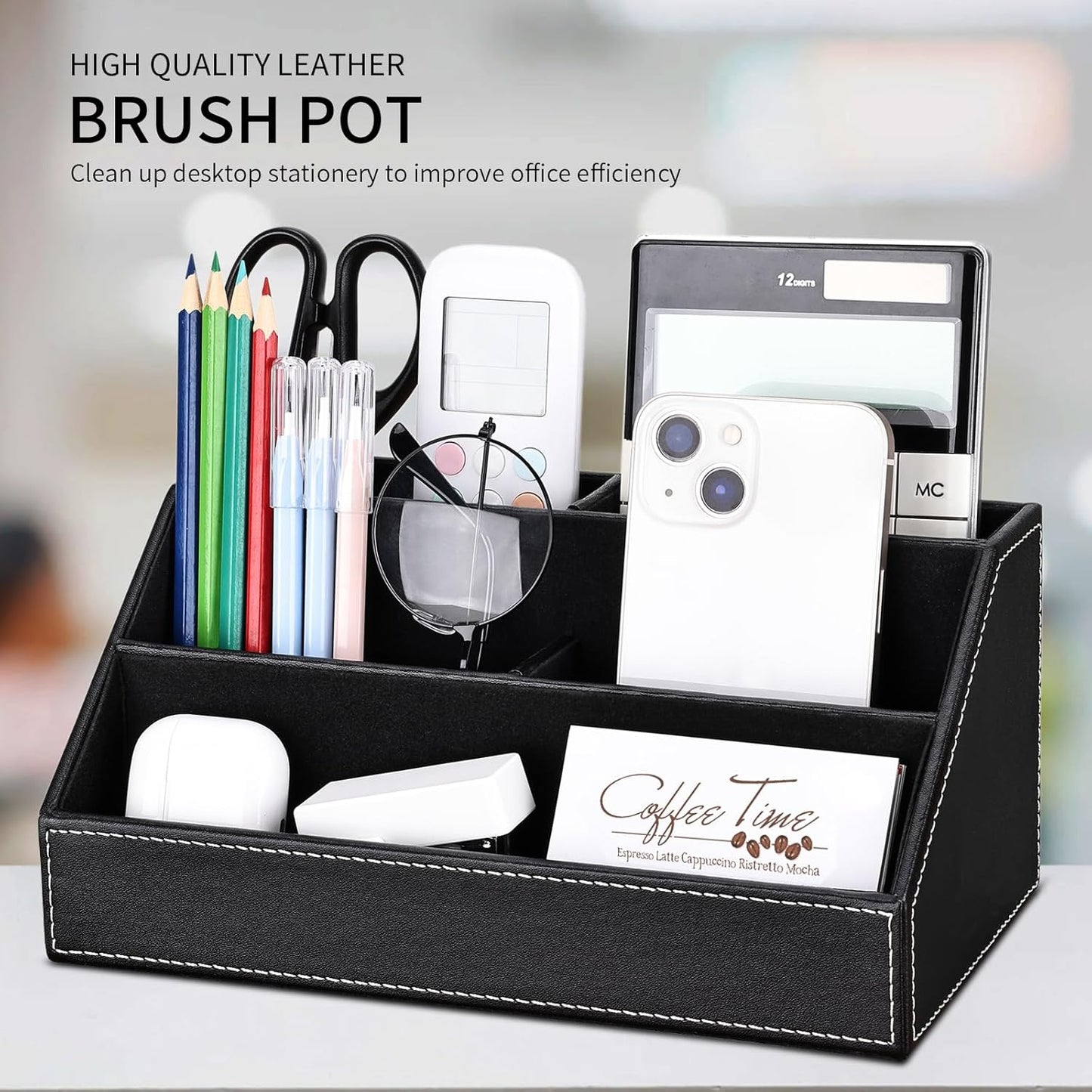 KINGFOM 5PCS Desk Organizer and Accessories Set, Pu Leather Office Supplies with Multifunction Desktop Organizer Storage Box, Tissue Holder, Mouse Pad, Note Paper Holder, Pencil Holder for Desk Black