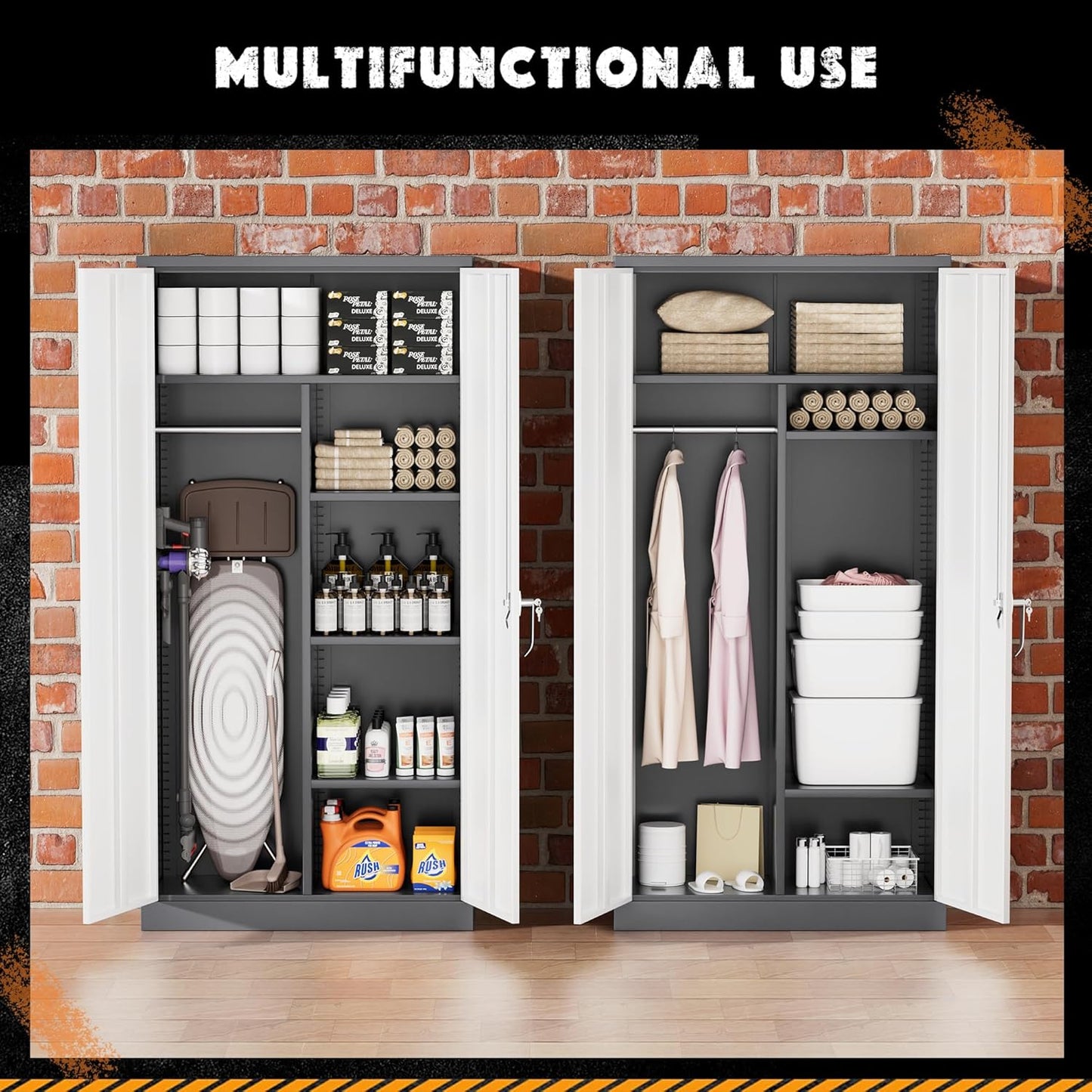 Greenvelly Metal Storage Cabinet with 2 Doors, 72” Steel Storage Wardrobe Cabinet, Employees Locker Closet Clothing Coat Steel Wardrobe Cabinet with Hanging Rod for Garage, Home Office (Grey White)