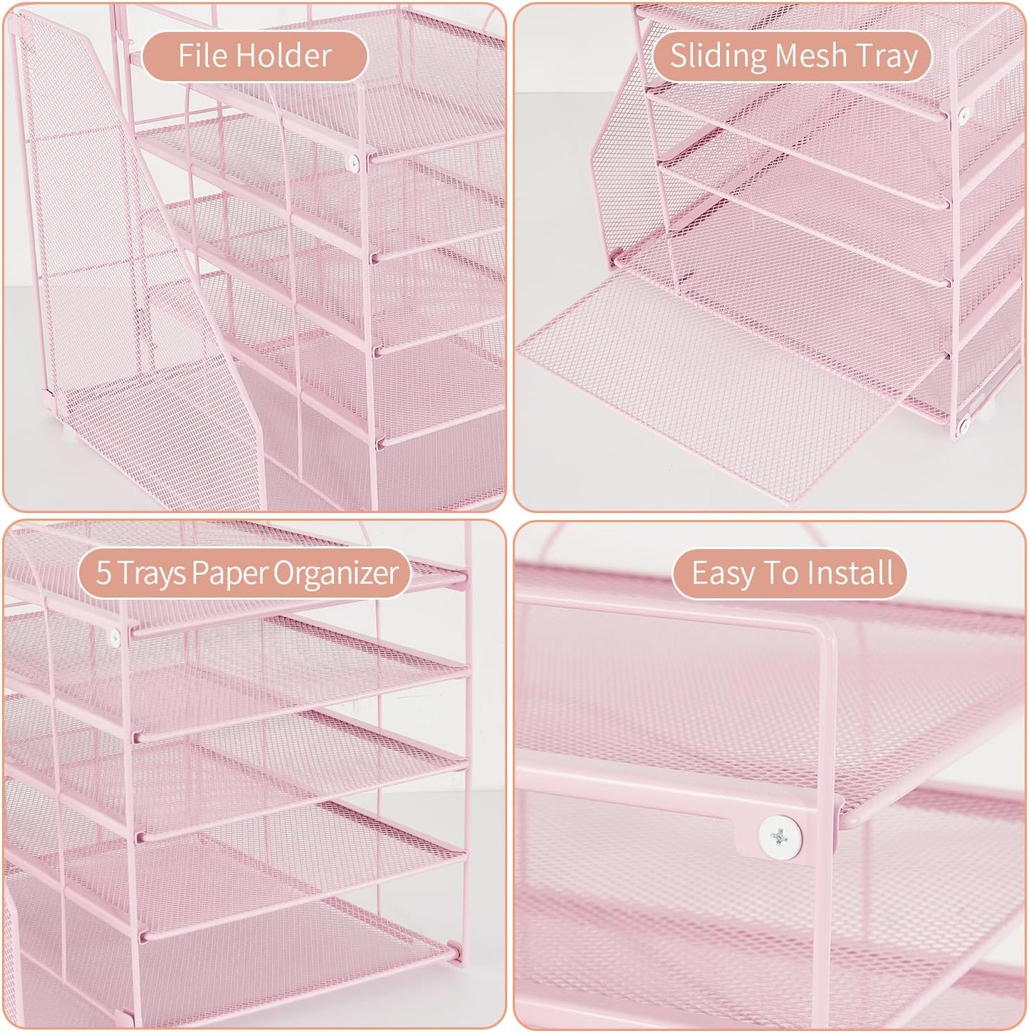 AUPSEN Desk File Organizer, 5-Tier Paper Letter Tray with File Holder Multifunction Office Supplies and Accessories for Office School Home (Pink)