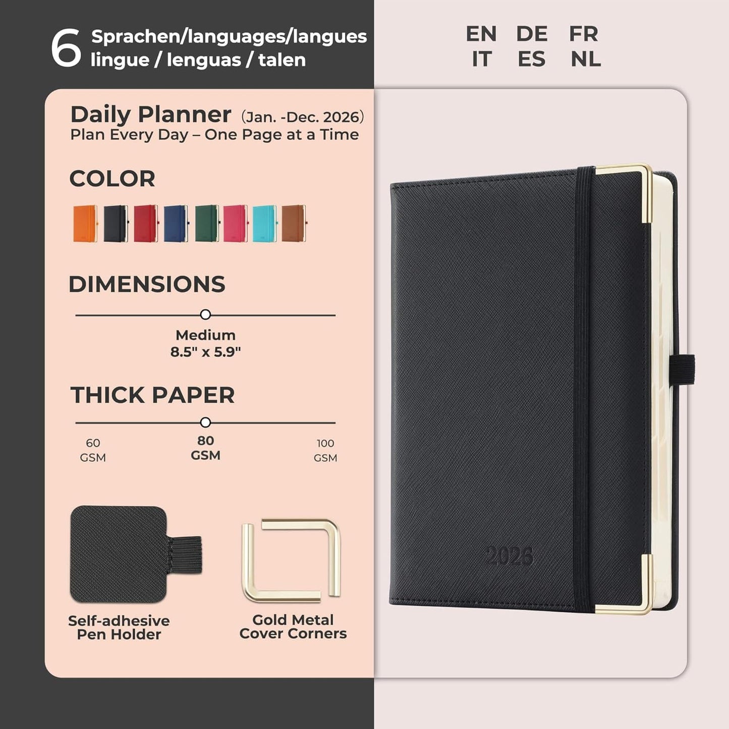 Daily Planner 2026 with One Page Per Day,(A5-8.5" x 5.9"),12 Months Calendar Hourly Appointment Book Monthly Tabs & Self-adhesive Pen Holder,Inner Pocket, Vegan Leather Hardback,Black