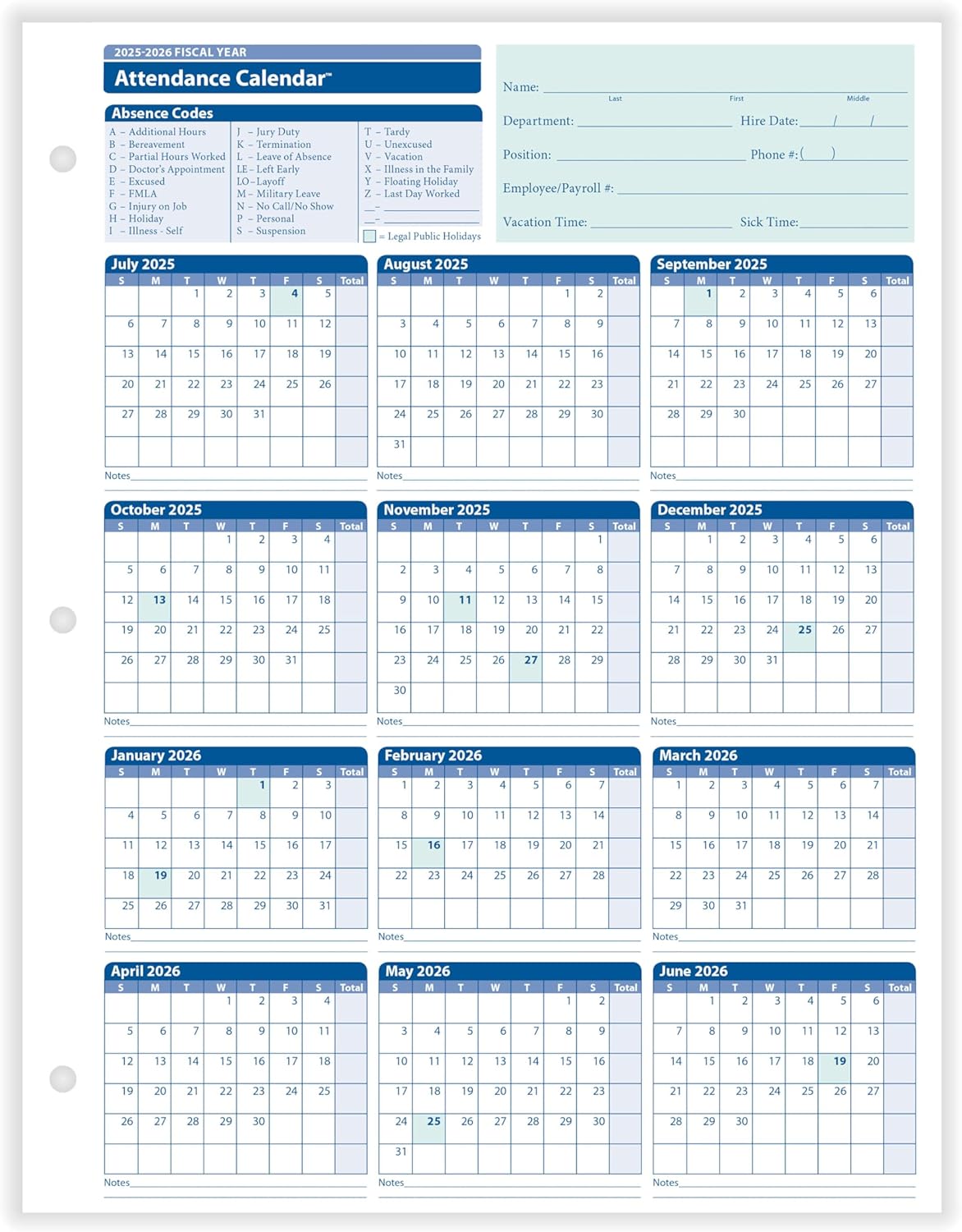2025-2026 Fiscal Attendance Calendar, Pack Of 50