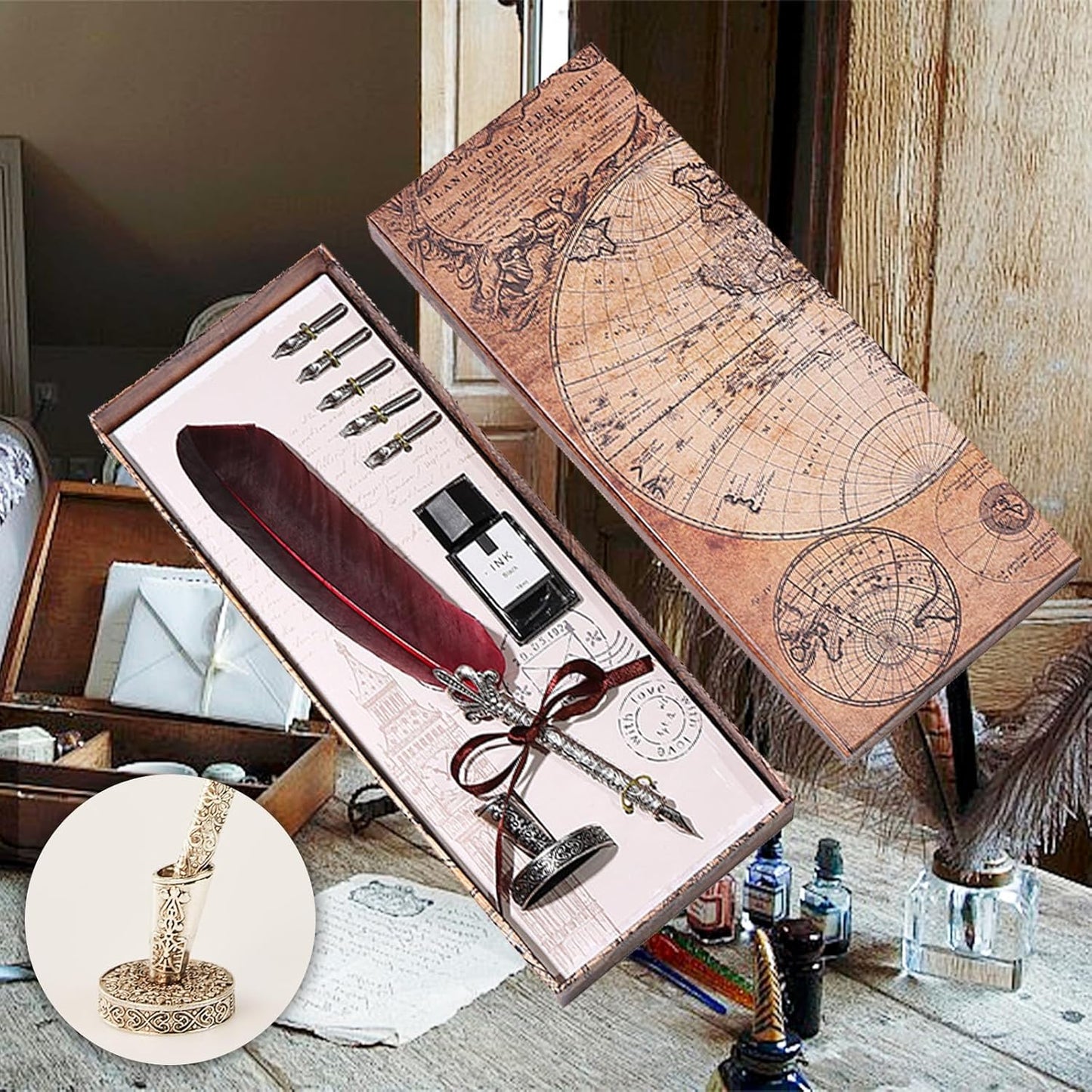 Flylin Retro Feather Pen Set, Calligraphy Fountain Dip Quill Pen, 5 Replacement Nibs, Red Ink, Perfect for Calligraphy