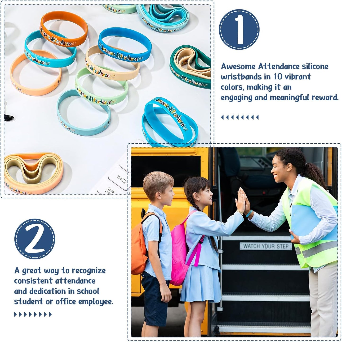 60 Pcs Awesome Attendance Wristbands for Students, Perfect Attendance Awards for Classroom Prizes, Unisex Stretch Silicone Motivational Wristbands for Student from Teacher Classroom Prizes