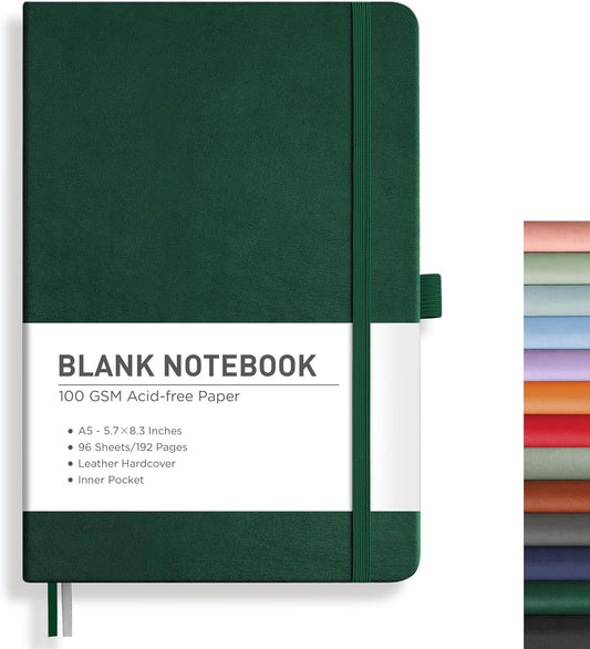 RETTACY Blank Journal Notebook, 192 Pages, A5 Medium Size (5.7'' x 8.3''), Leather Hardcover, 100 GSM Thick Paper, for Sketching, Drawing, Painting (Dark Green)