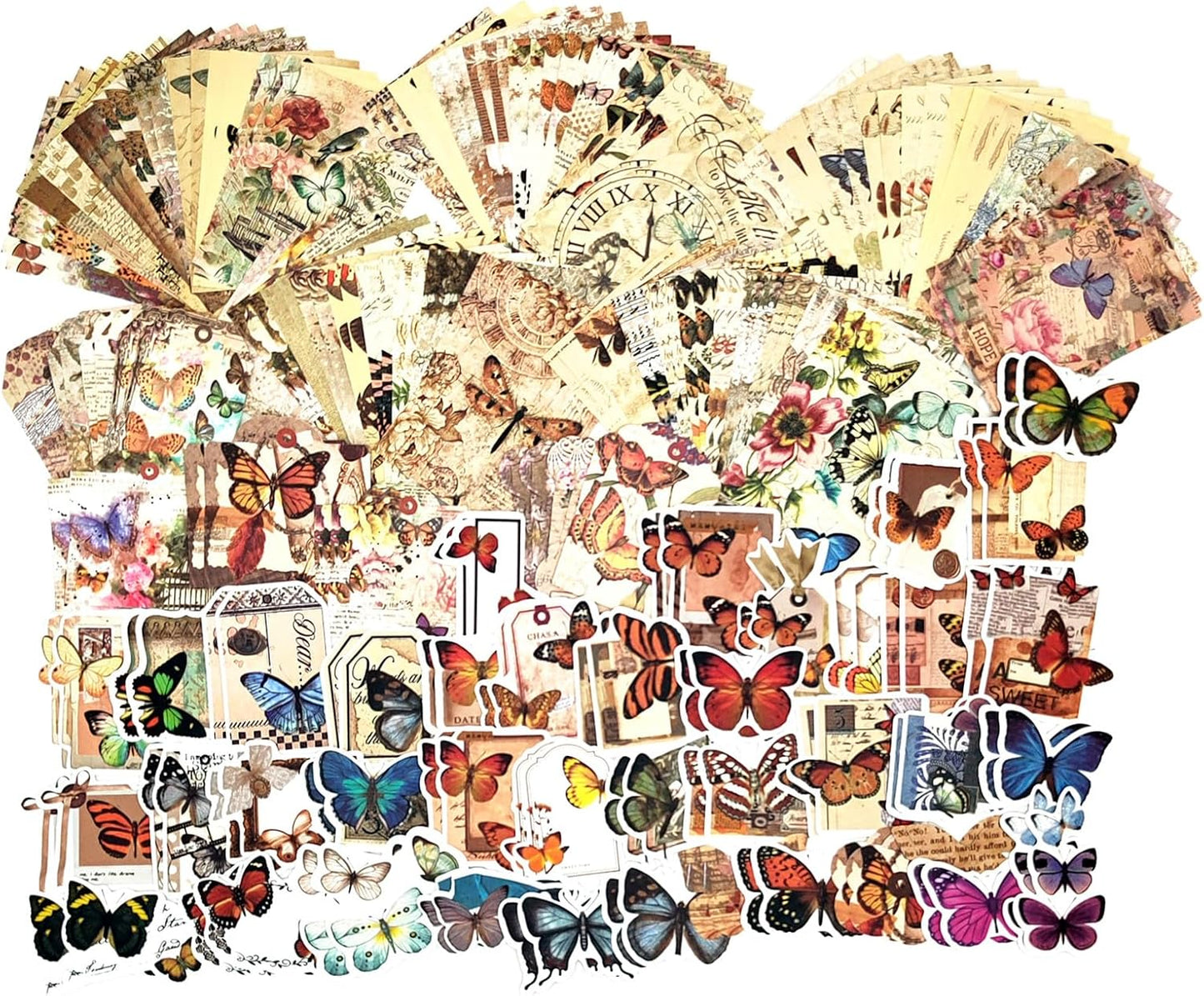 200PCS Vintage Scrapbooking Supplies Pack, Aesthetic Scrapbook Sticker Paper Art Journaling Kit for Bullet Junk Journals,Planner,Cottagecore Decor Gifts (Butterfly)