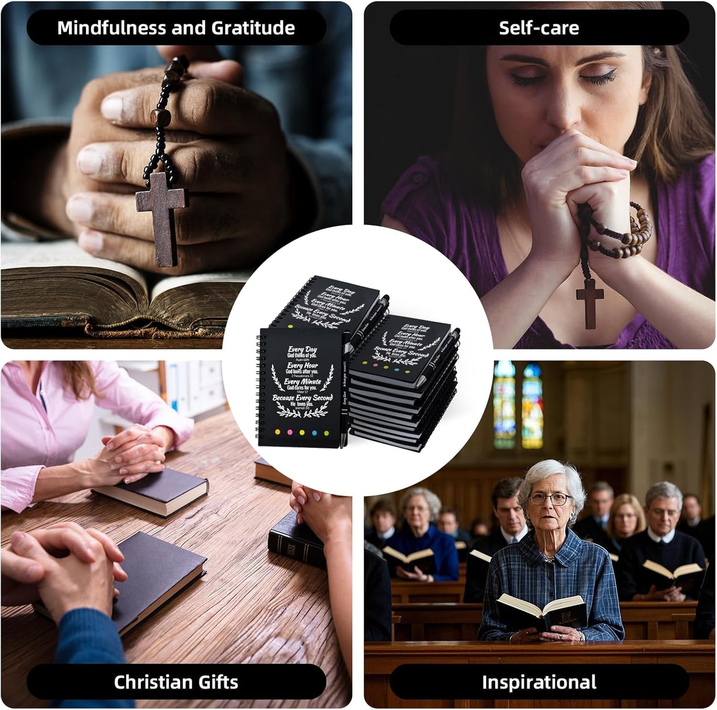 400 Pcs Bulk Christian Gifts Prayer Journal for Woman - 200 Set Religious Notepad with Christian Pen - Bible Notebook - Church Gifts for Inspirational, Bible Study, Devotions (Black)