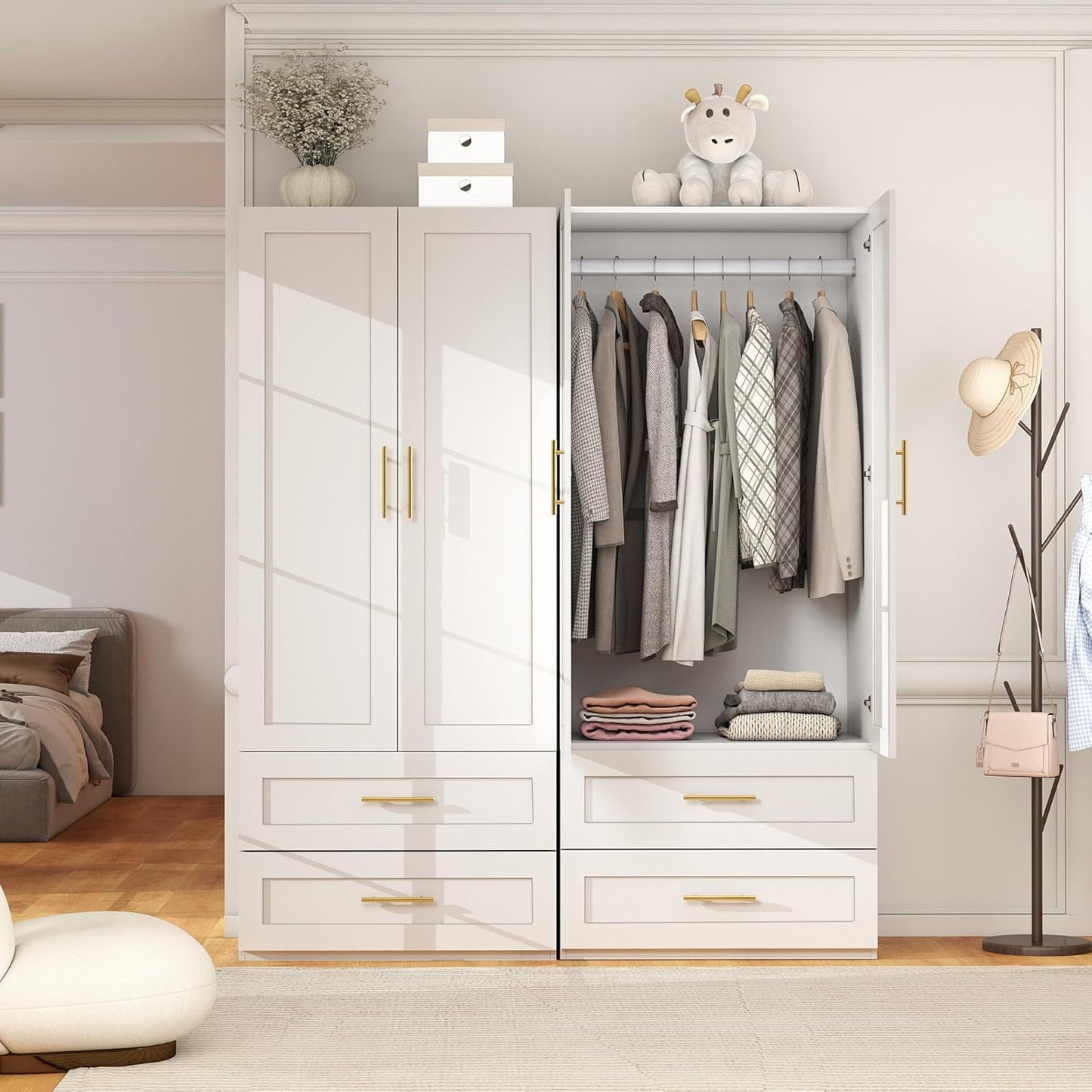 White Wardrobe with 4 Doors: 75" Tall Armoire Wardrobe Closet with 4 Drawers, Bedroom Closet Cabinet for Hanging Clothes, Wooden Storage Armoire with Shelves (Contemporary, 2)