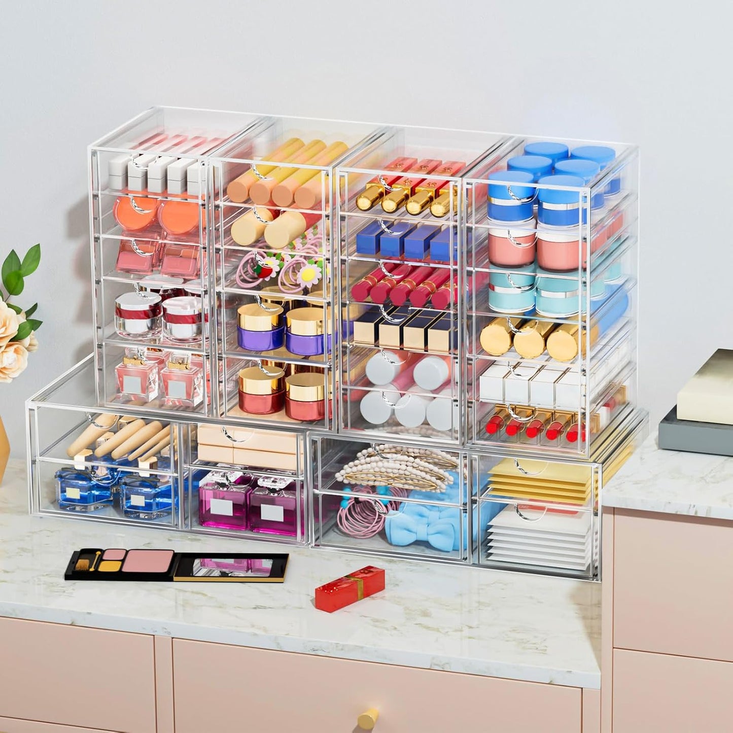 Desk Organizers And Accessories With 22 Drawers, 4 Pack Office Desktop Drawers, Plastic Makeup Organizer Containers Bins With Drawers Desk Organization, Bathroom Organizers Storage Case Box Cube