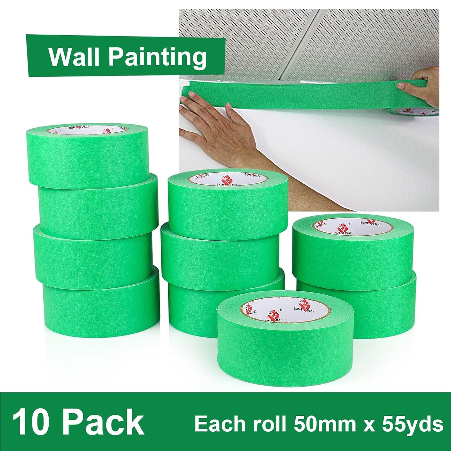 BOMEI PACK 10 Rolls Painters Tape 2 inch Wide, Painter's Tape Green Masking Tape 2 inch x 55 Yards for Walls Painting, Home Improvement and School Projects, Total 550 Yards