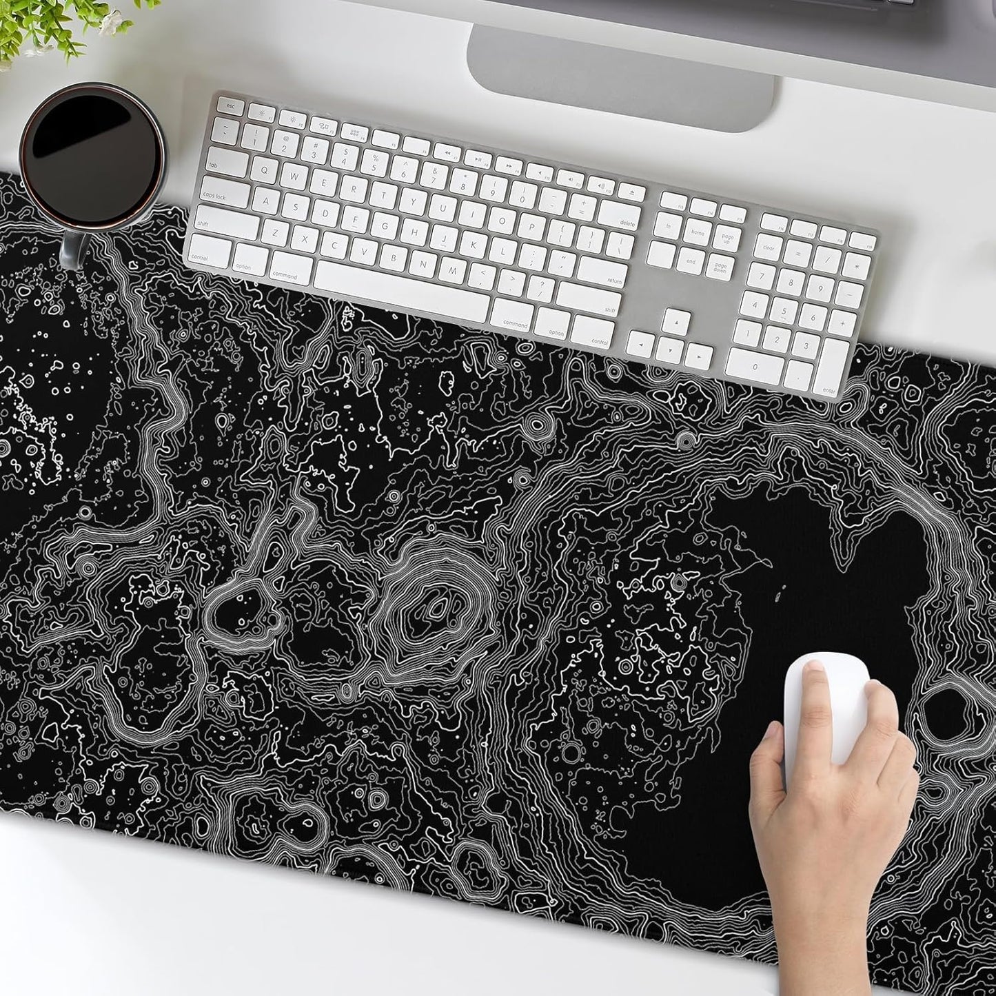 Black Whtie Topographic Gaming Mouse Pad XL Topo Moon Relief Map Extended Large Mat Mousepad Desk Pad Non-Slip Rubber Base Stitched Edge Long Keyboard Playmat for Desk Computer,31.5×11.8 Inch