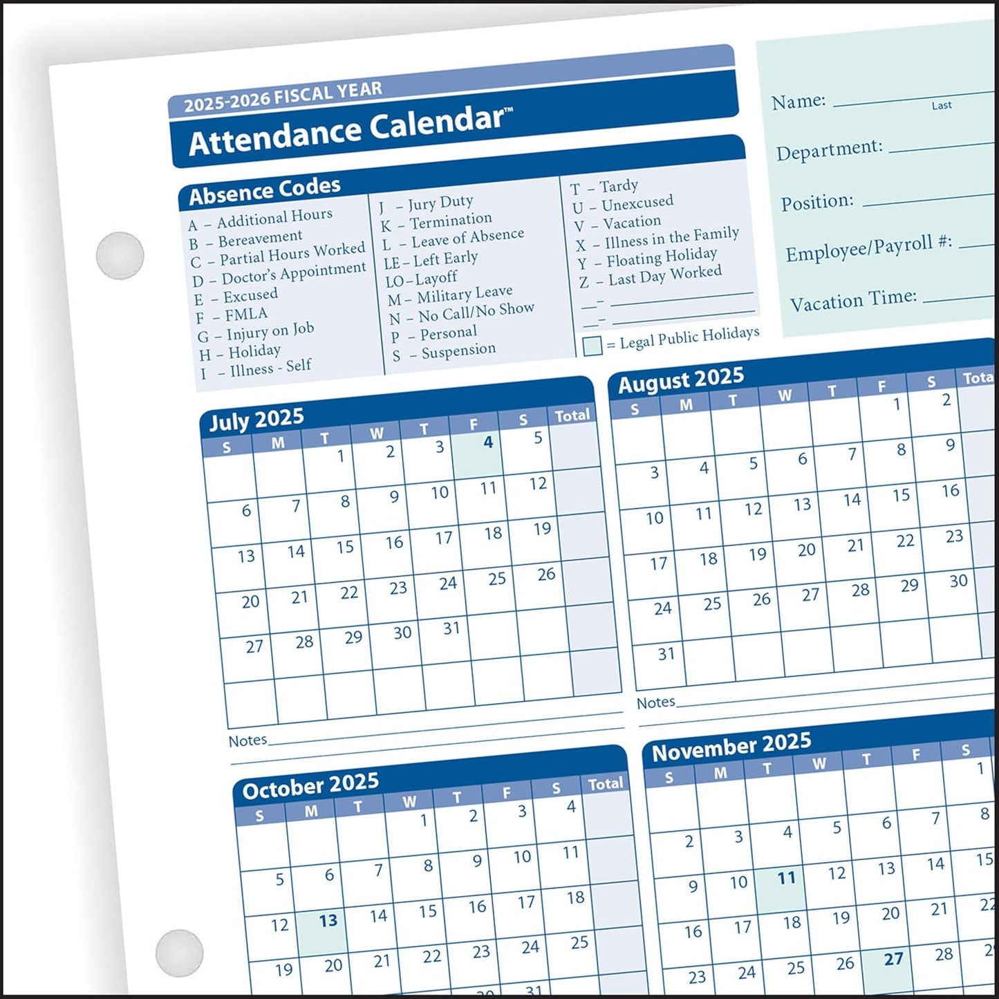 2025-2026 Fiscal Attendance Calendar, Pack Of 50