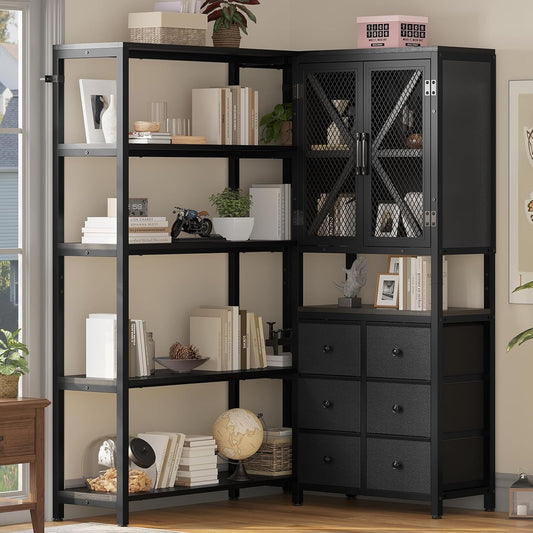 Corner Bookshelf, 5 Tier Industrial Convertible Bookshelf with 6 Fabric Drawers, Corner Bookcase Large L Shaped Storage Display Shelf for Home Office, Living Room, Kitchen, Black
