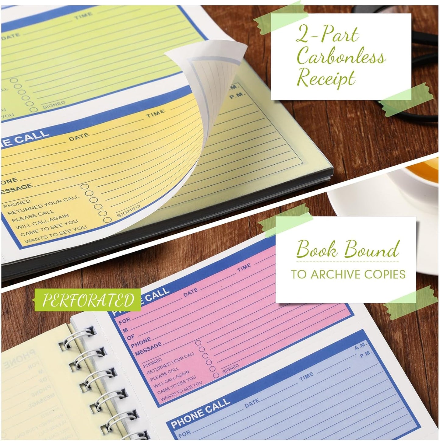 Sinmoe 1 Pcs Spiral Bound Phone Message Book with Carbon Copy 5-1/2" x 11" 2 Part Colorful Carbonless Telephone Message Pads Duplicate Spiral Phone Call Log Book for Business Office