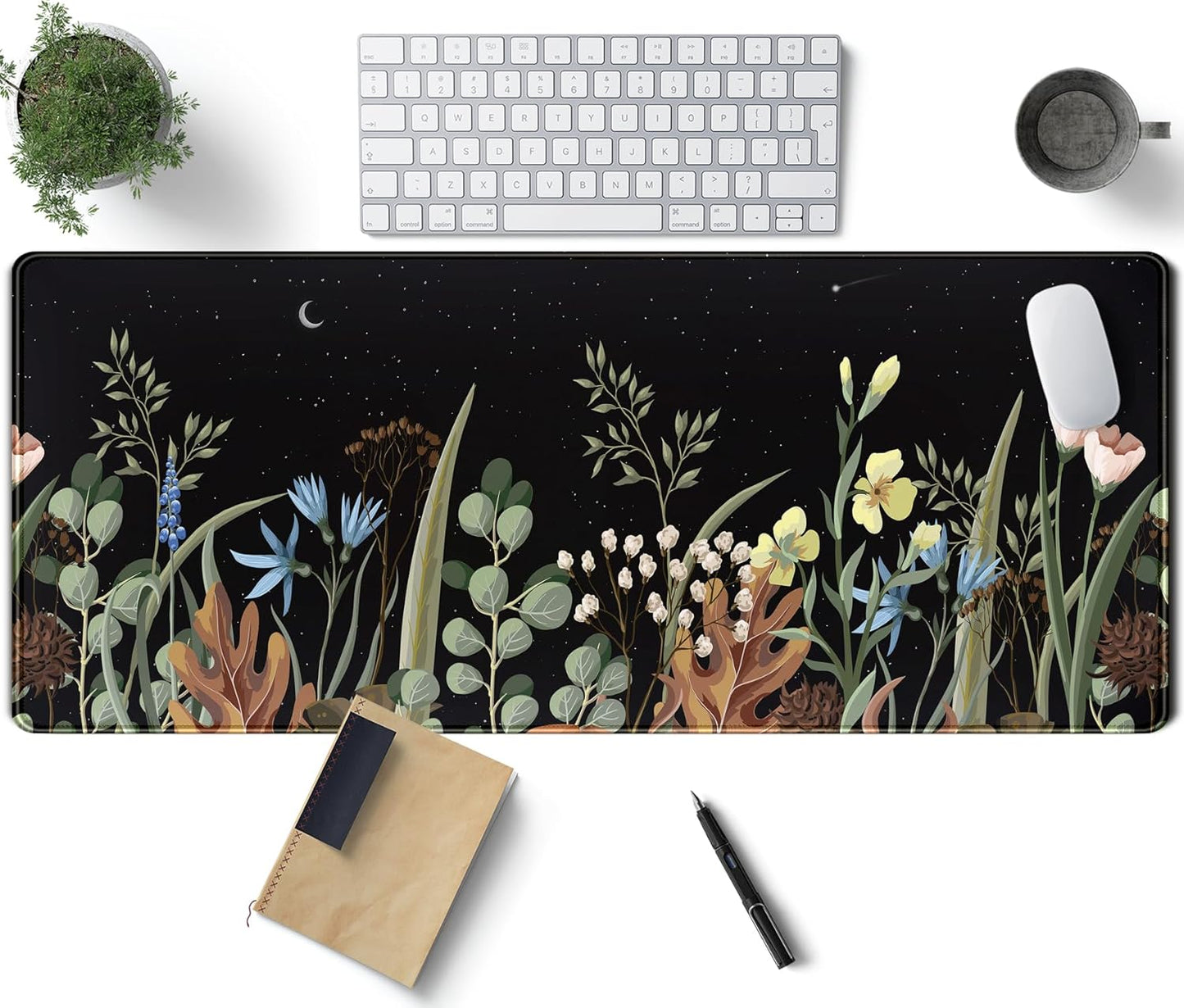 Cute Gaming Black Wild Flowers Desk Mat Mouse Pad Star Moon Floral Mousepad Large, XL Big Computer Keyboard and Mouse Mat Desk Pad Mat with Stitched Edge for Women Office Decor Deskmat 31.5x11.8 in