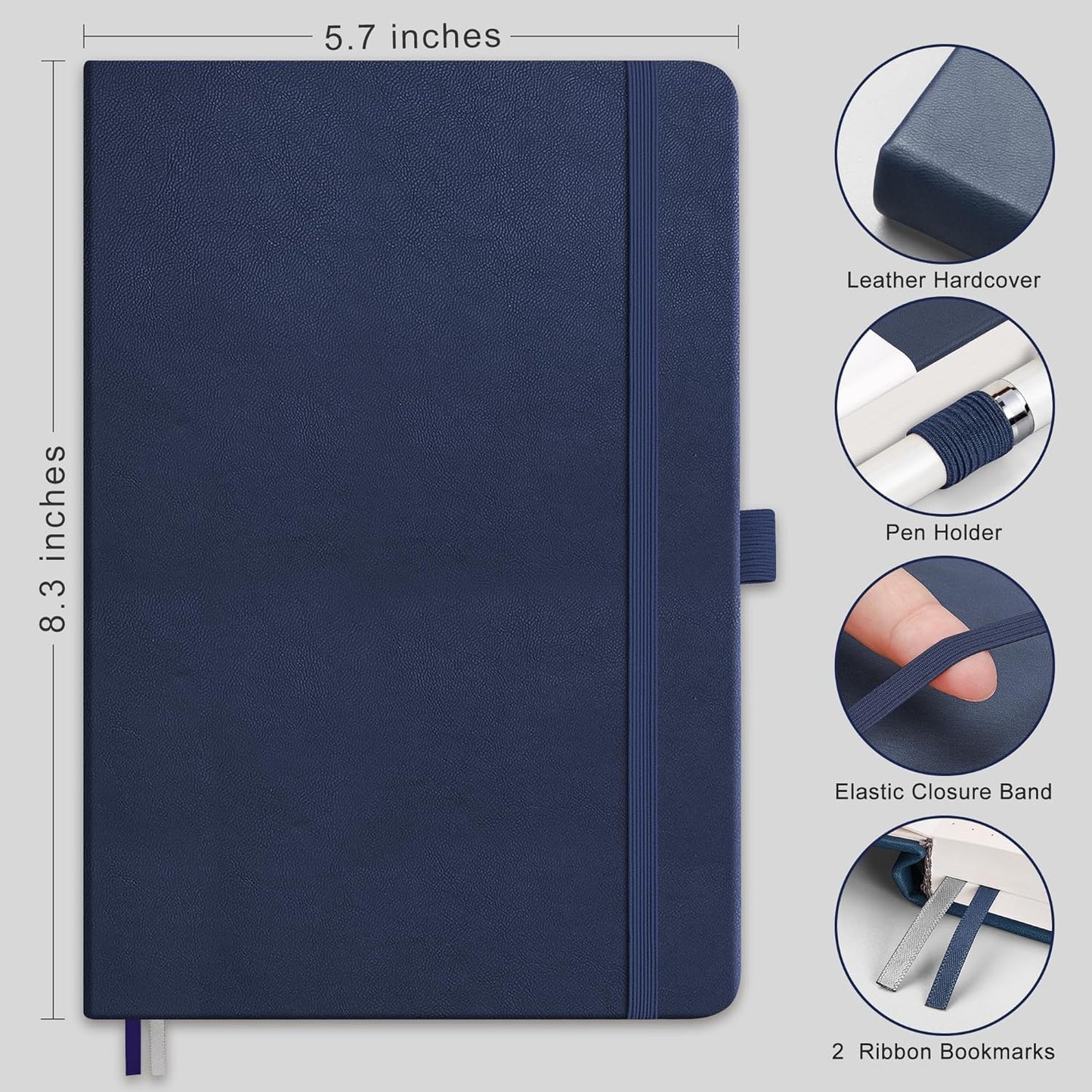 RETTACY Bullet Dotted Journal Notebook, 2-Pack, 160 Numbered Pages per Pack, A5 Medium Size (5.7'' x 8.3''), 120 GSM Thick Paper, Leather Hardcover, for Bullet Journaling (Black & Navy Blue)